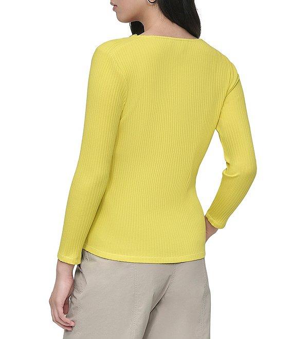 DKNY by Donna Karan Ribbed Knit Zip-Up V-Neck Long Sleeve Top Product Image