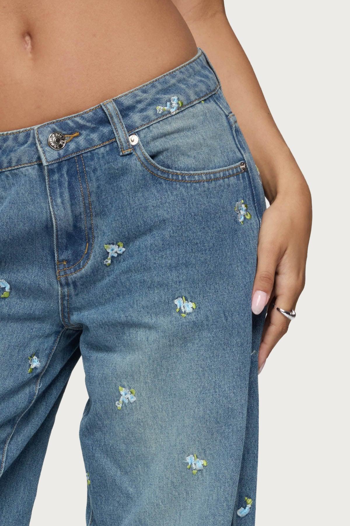 Edna Embroidered Floral Low Rise Baggy Jeans Product Image