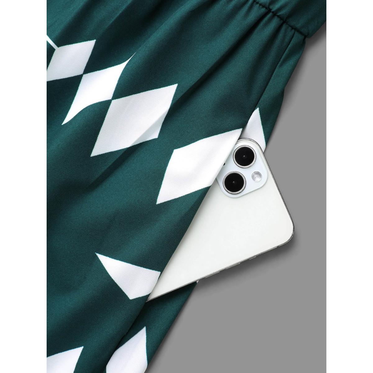 Plus Size Geometric Pattern Elastic Waist Midi Dress Cyan Women Resort Non Flat collar with V-notch Elbow-length sleeve Curvy BloomChic 22-24/3X Product Image