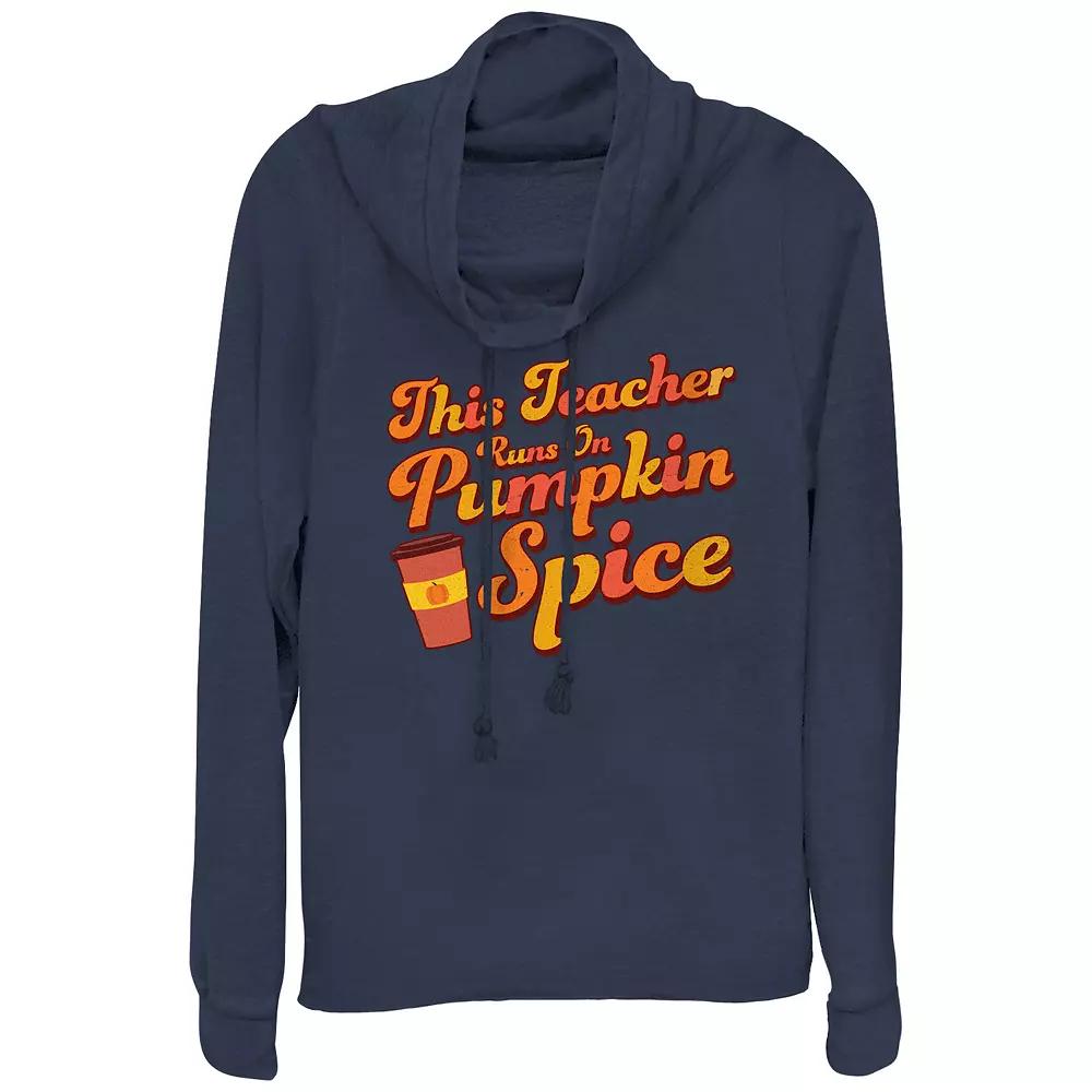 Women's This Teacher Runs On Pumpkin Spice Cowlneck Graphic Lightweight Long Sleeve, Size: XS, Blue Product Image