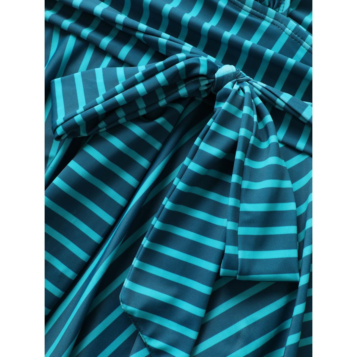 Plus Size Overlap Collar Striped Tie Knot Swim Dress Women's Swimwear Cyan Beach Bodycon Overlap Collar High stretch Curve Swim Dresses BloomChic 30/6X Product Image