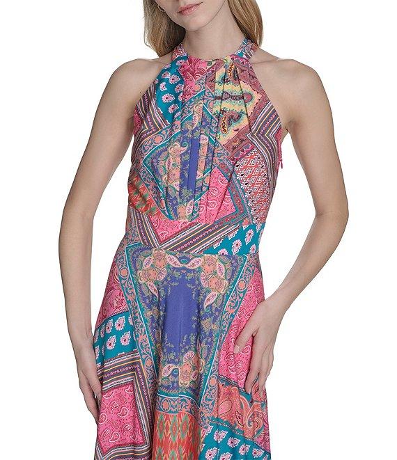 Eliza J Crepe Scarf Print Halter Neck Sleeveless Sheath Maxi Dress Product Image