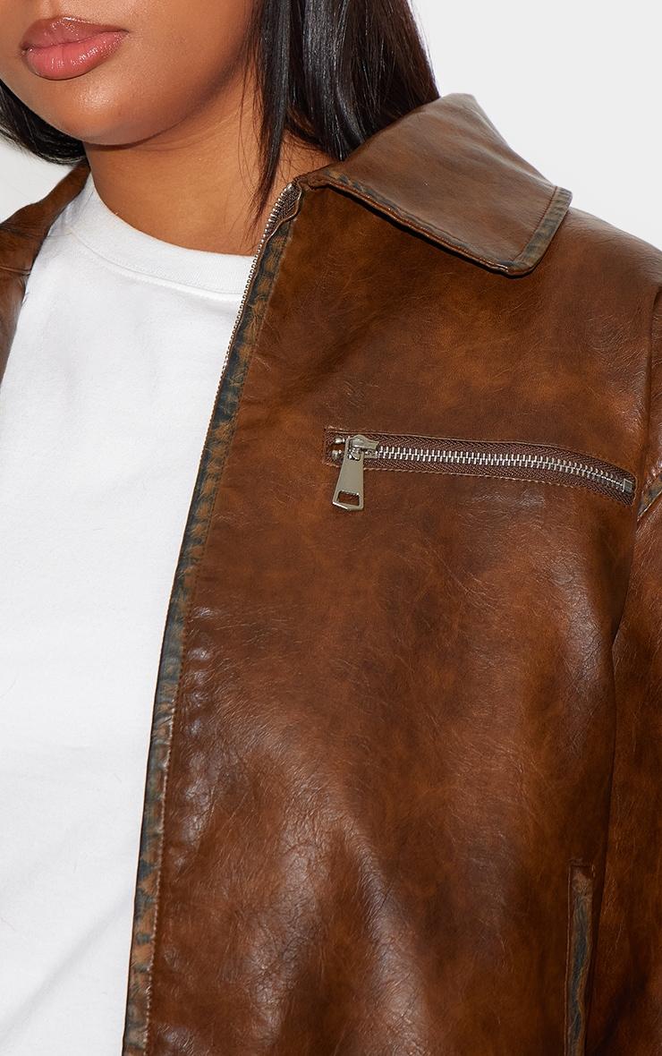 Plus Brown Zip Up Faux Leather Jacket Product Image