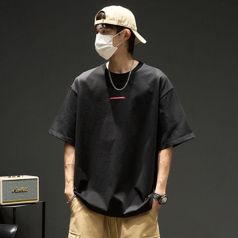 Short-Sleeve Round Neck Lettering Embroidered T-Shirt Product Image