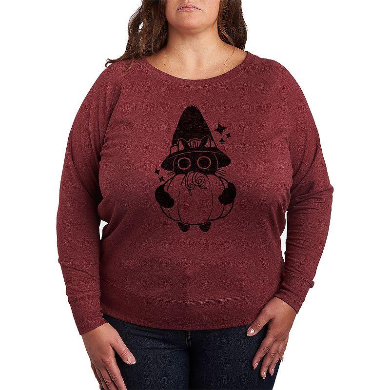 Plus Size Witch Cat With Pumpkin French Terry Long Sleeve Tee, Womens Grey Green Product Image
