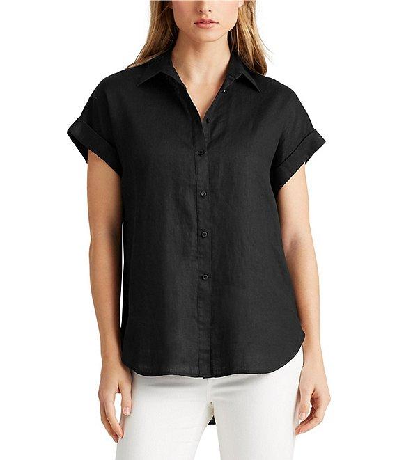 Lauren Ralph Lauren Linen Point Collar Short Dolman Sleeve Shirt Product Image