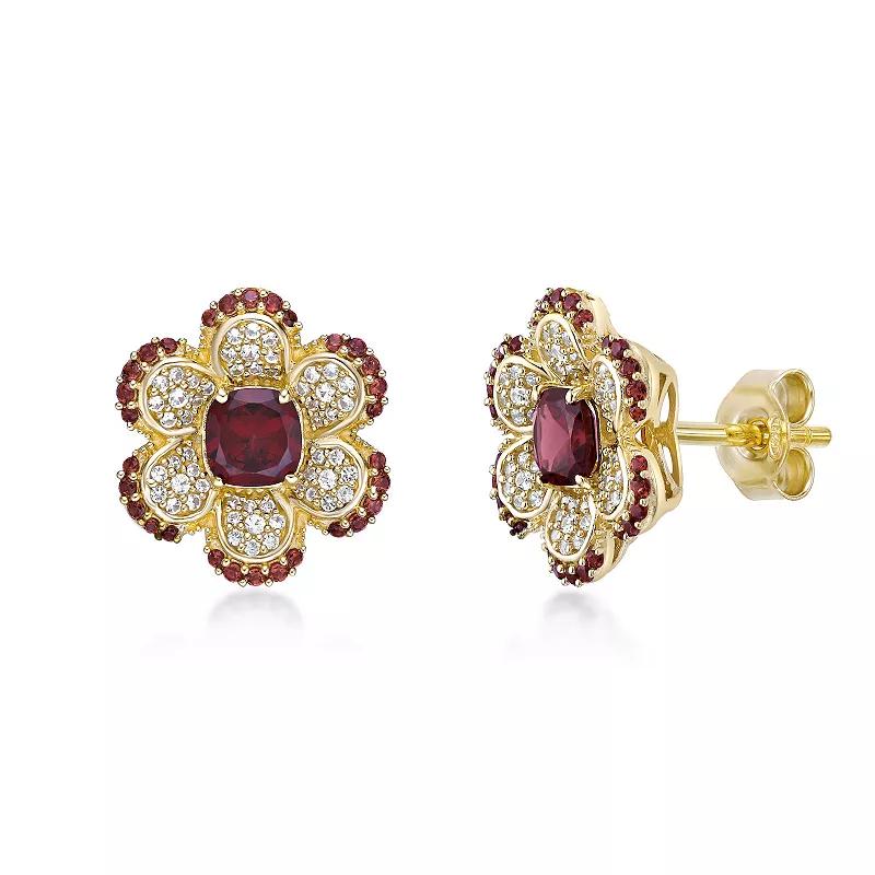 Gemminded 2 Micron Gold Over Silver Garnet & Lab-Created White Sapphire Flower Earrings, Women's, Gold Tone Product Image