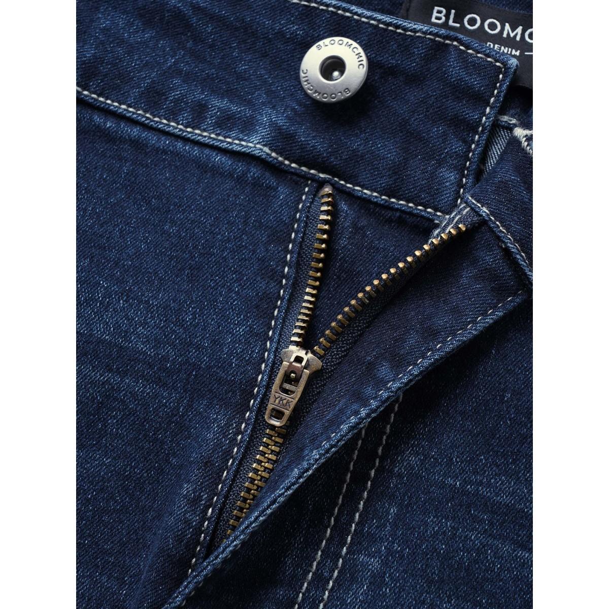 Plus Size Medium Wash Floral Embroidered Denim Shorts Women DarkBlue Embroidered High stretch Everyday Slanted pocket Elegant Denim Shorts BloomChic 16/1X Product Image