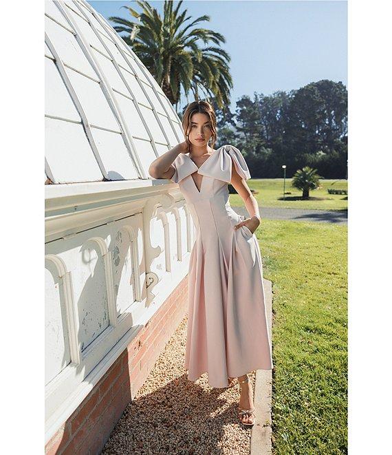 Mac Duggal Double V-Neck Bow Shoulder Crepe Pleated A-Line Tea Length Dress Product Image