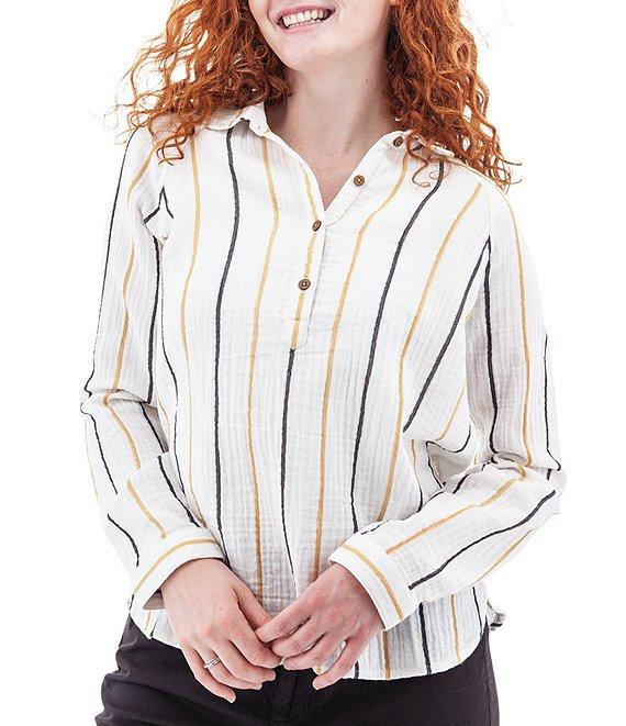 Aventura Kelford Woven Organic Cotton Stripe Print Point Collar Long Raglan Sleeve Popover Top Product Image