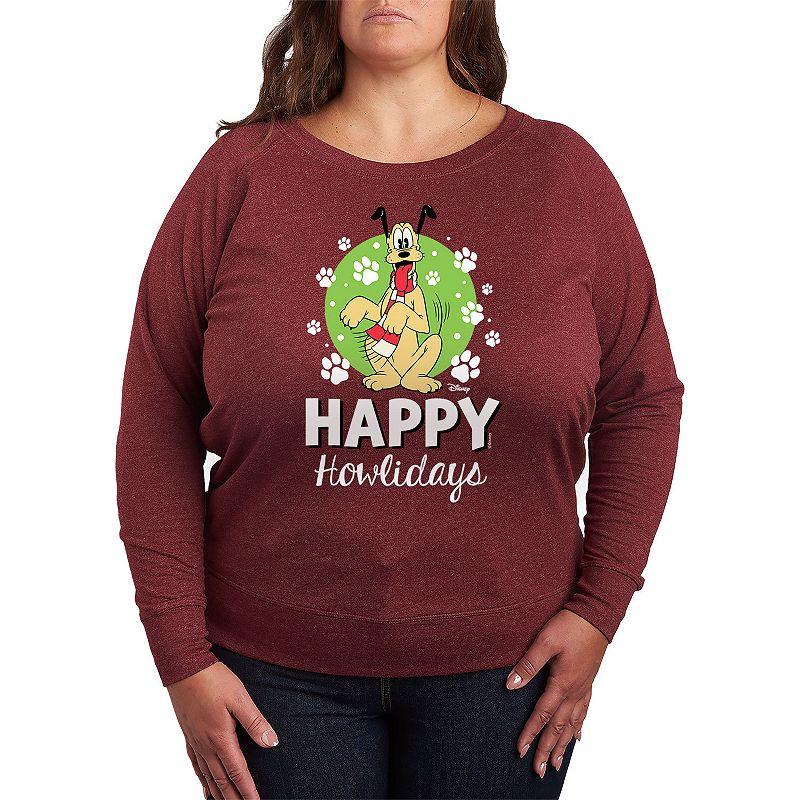 Disneys Pluto Plus Size Happy Howlidays French Terry Long Sleeve Tee, Womens Grey Dark Red Product Image