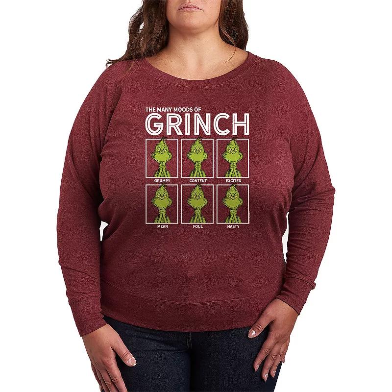 Plus Size Dr. Seuss The Grinch Many Mood French Terry Long Sleeve Tee, Womens Grey Blue Product Image