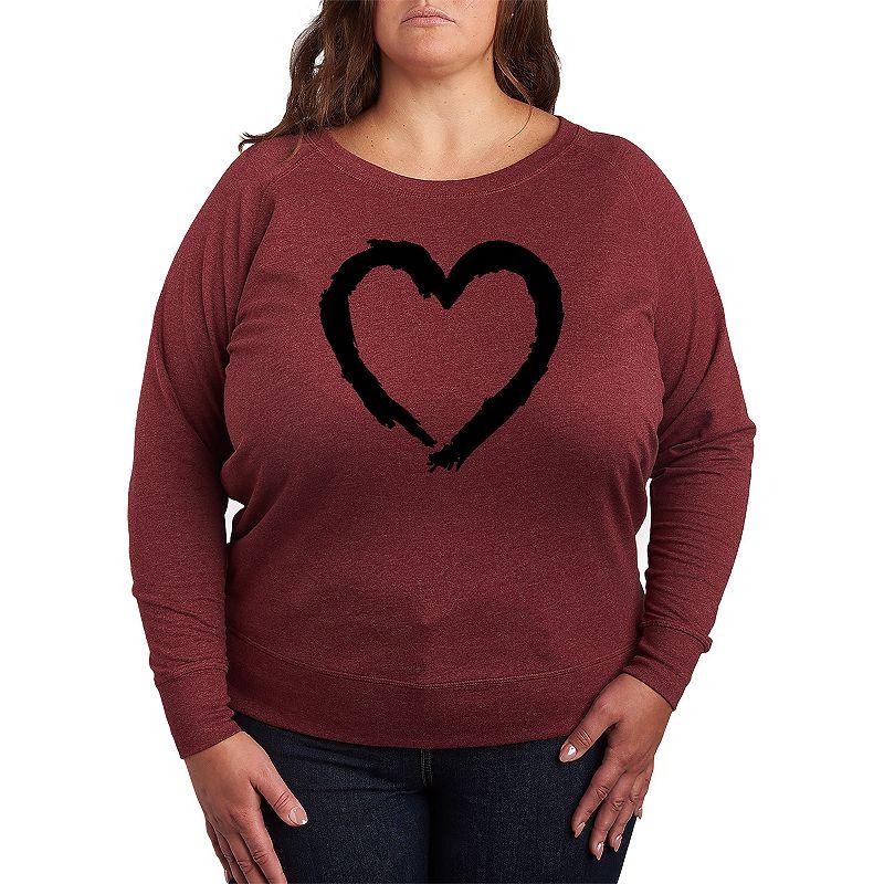 Plus Size Paintbrush Stroke Heart French Terry Long Sleeve Tee, Women's, Size: 2XL, Grey Dark Red Product Image