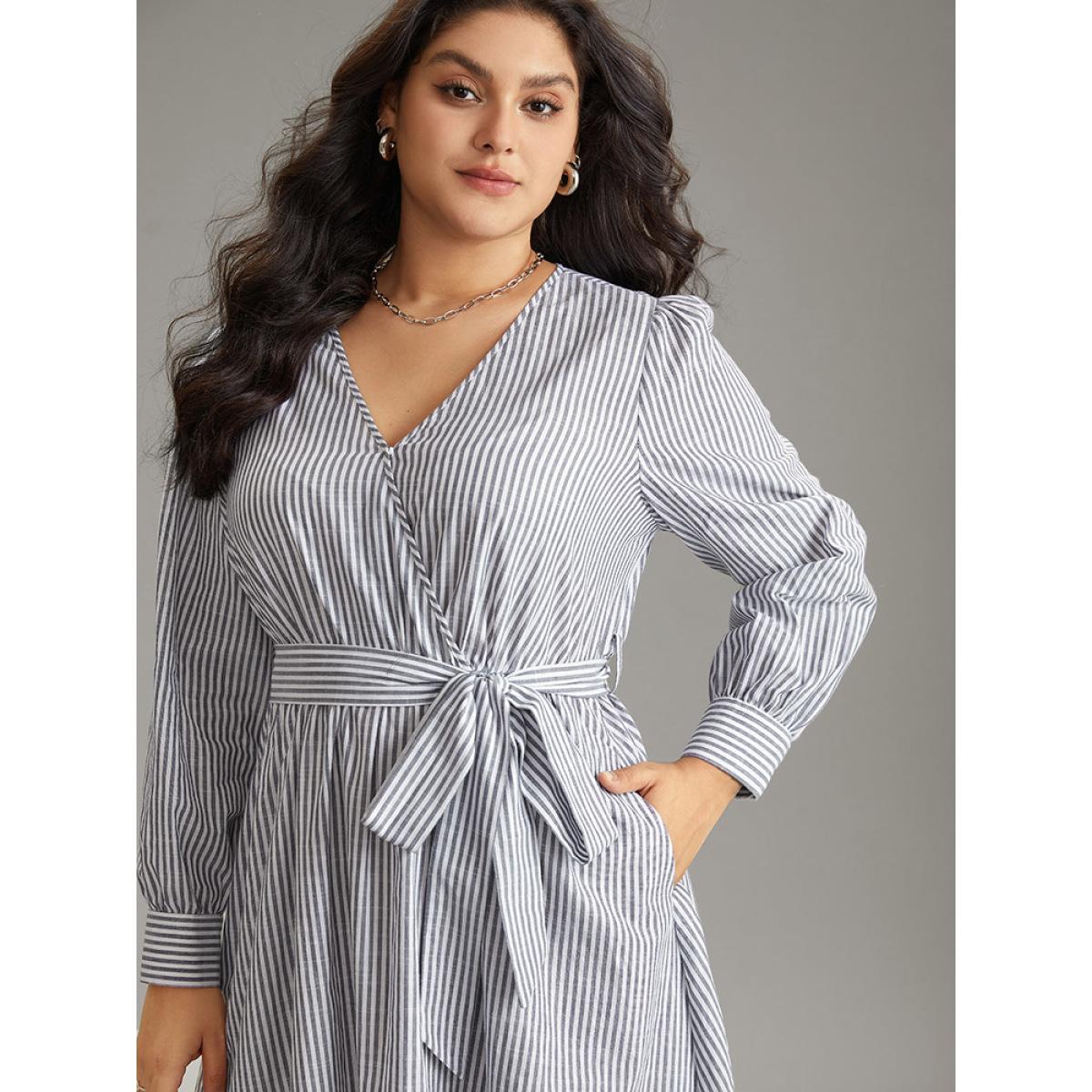Plus Size Cotton Striped Belted Overlap Collar Dress SlateGray Women Office Wrap Overlap Collar Long Sleeve Curvy Midi Dress BloomChic 22-24/3X Product Image