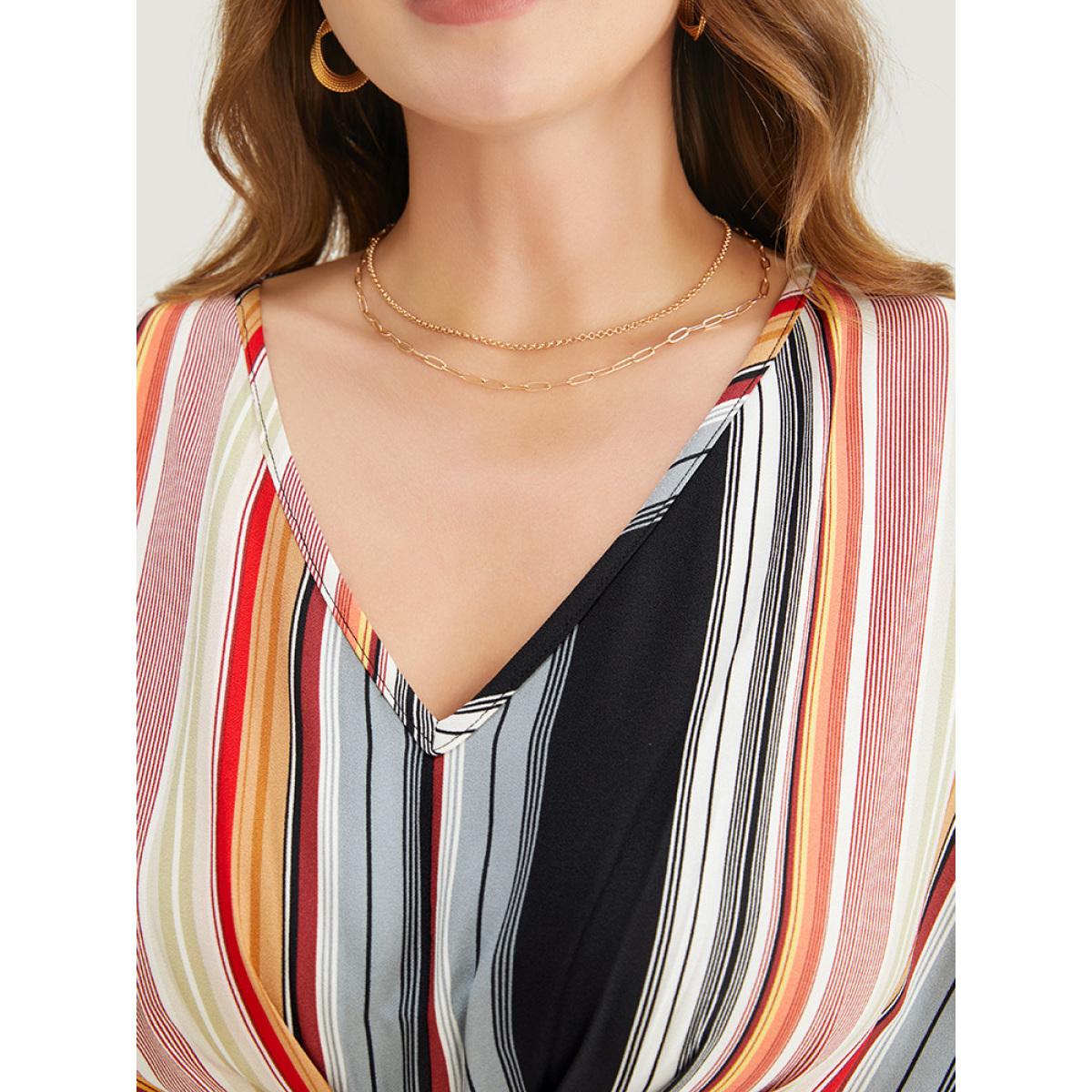 Plus Size Multicolor Striped Contrast Dolman Sleeve Asymmetrical Hem Blouse Women Vacation Short sleeve V-neck Dailywear Blouses BloomChic 14-16/1X Product Image