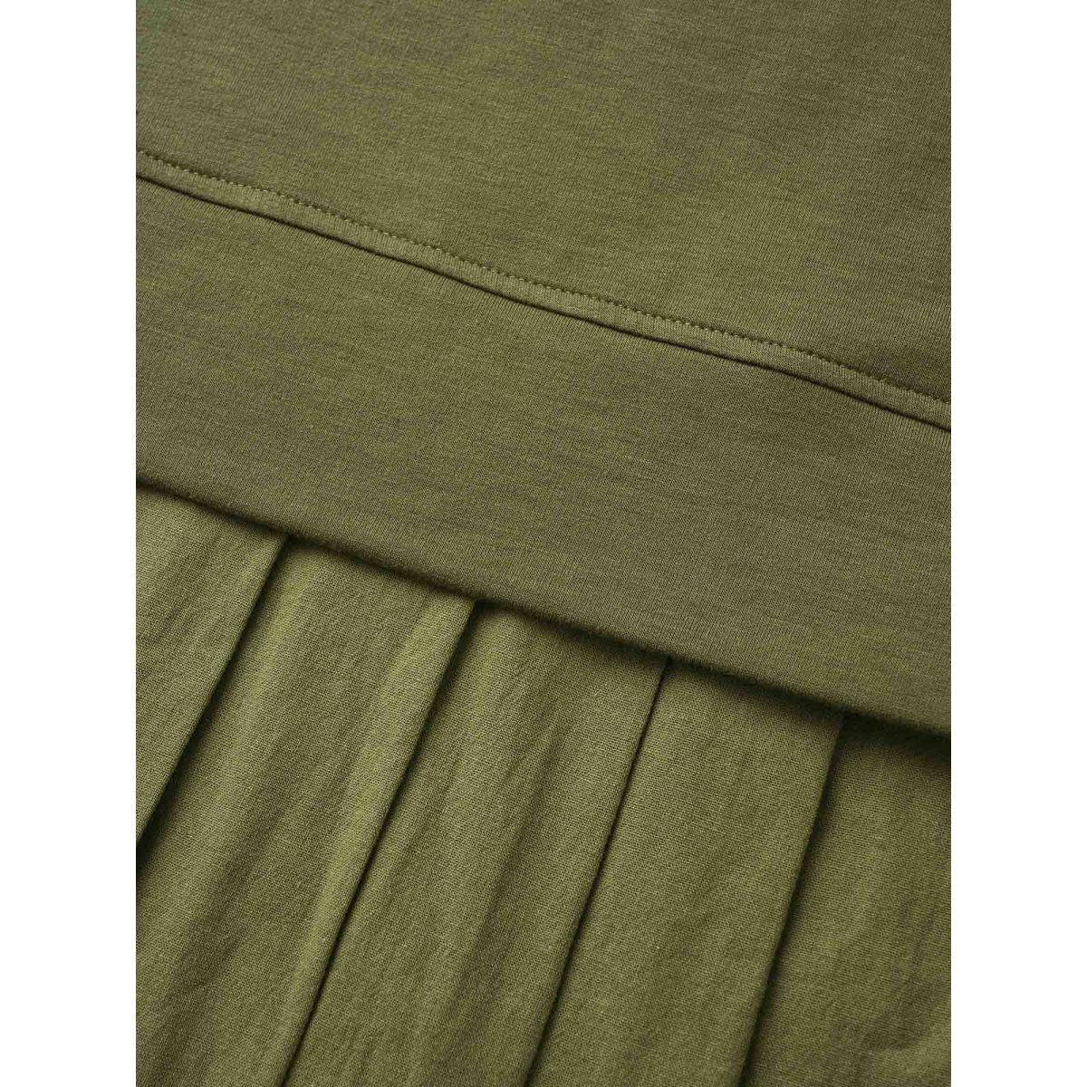 Plus Size Patchwork Pleated Hooded Drawstring Dress ArmyGreen Women Casual Pleated Hooded Long Sleeve Curvy BloomChic 10/M Product Image