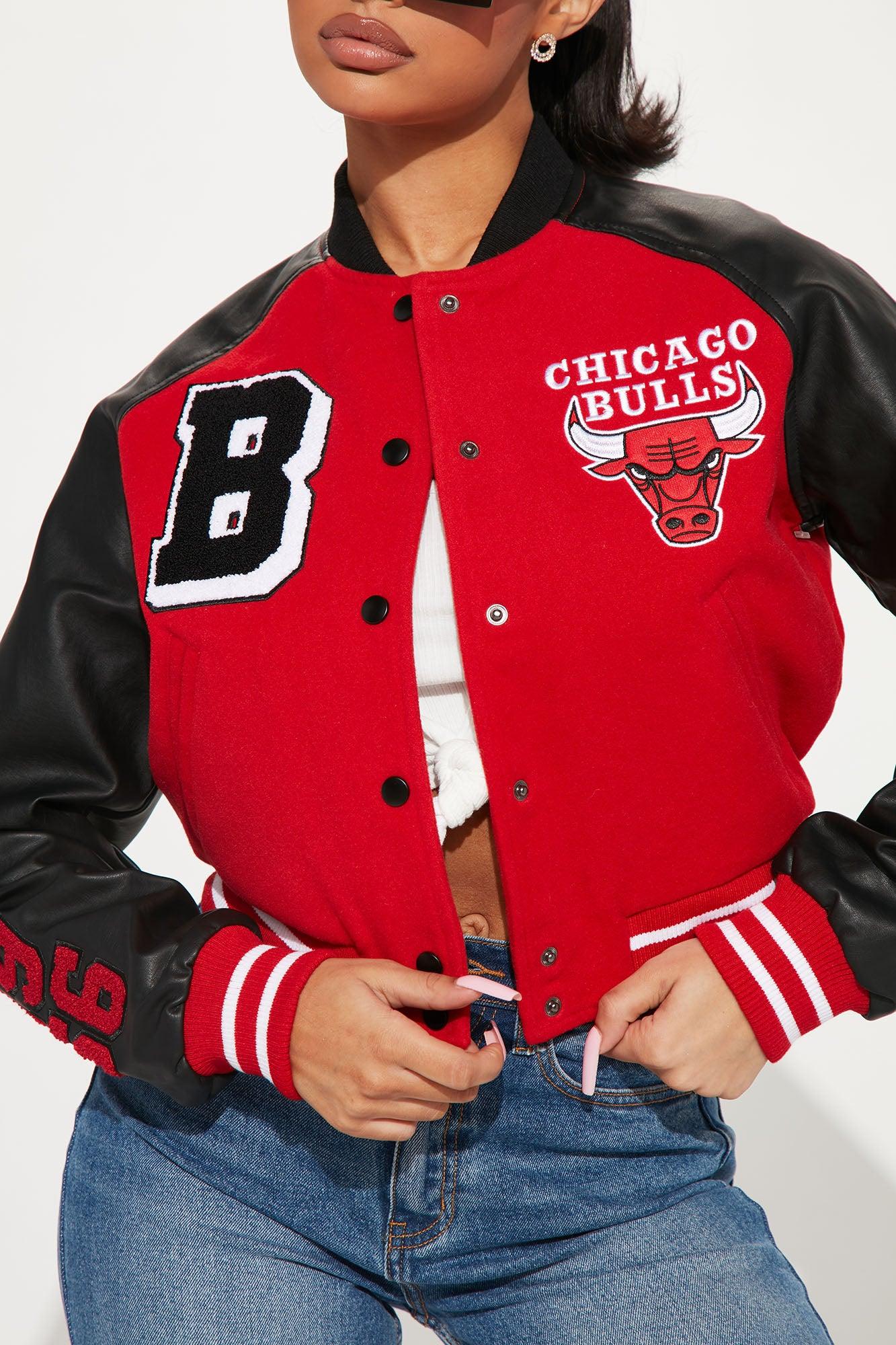 Bulls Cropped Letterman Jacket - Red/Black Female Product Image