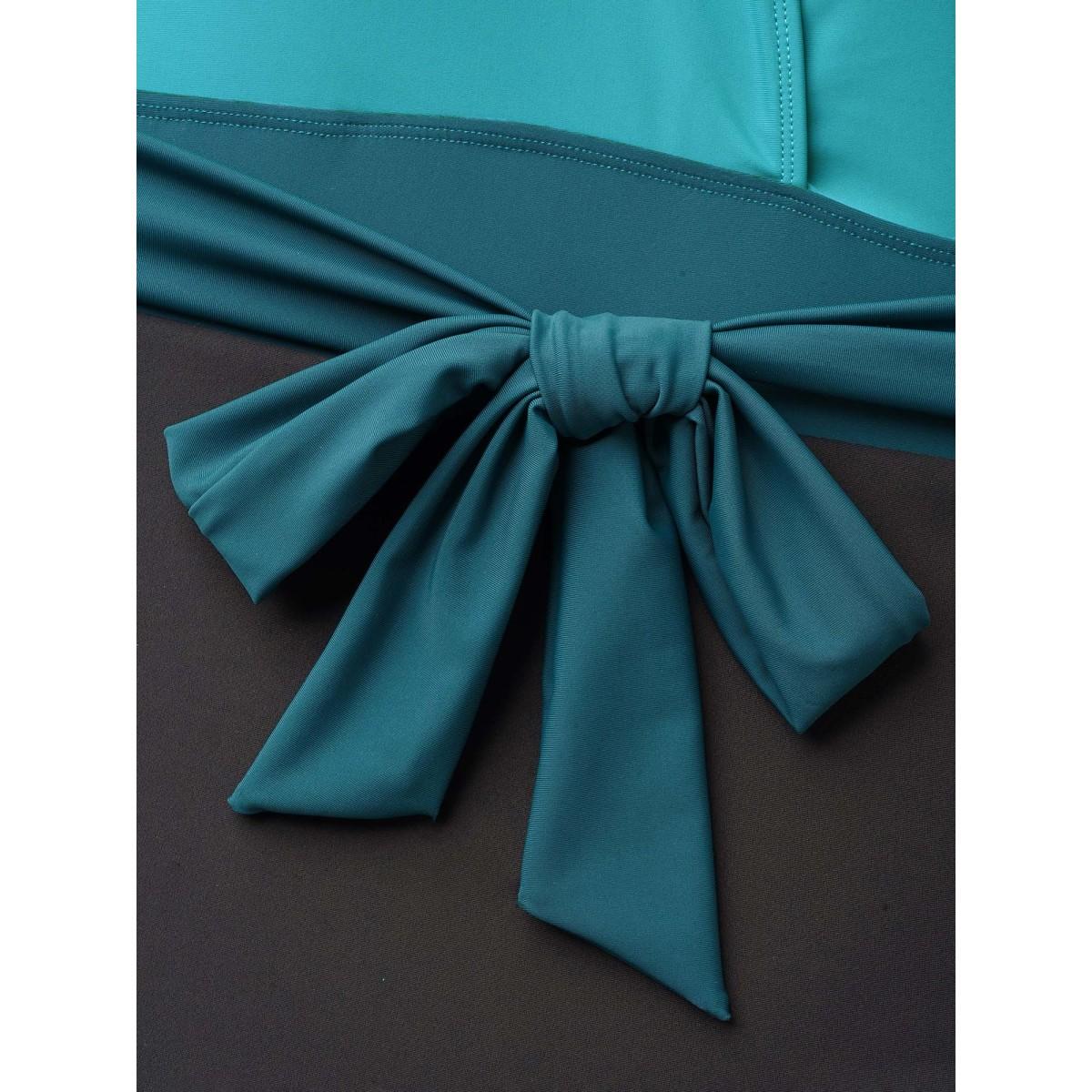 Plus Size Color Block Belted Ruffle Sleeve One-Piece Swimsuit Women's Swimwear Teal Beach Tie knot Curve Bathing Suits High stretch One Pieces BloomChic 28/5X Product Image