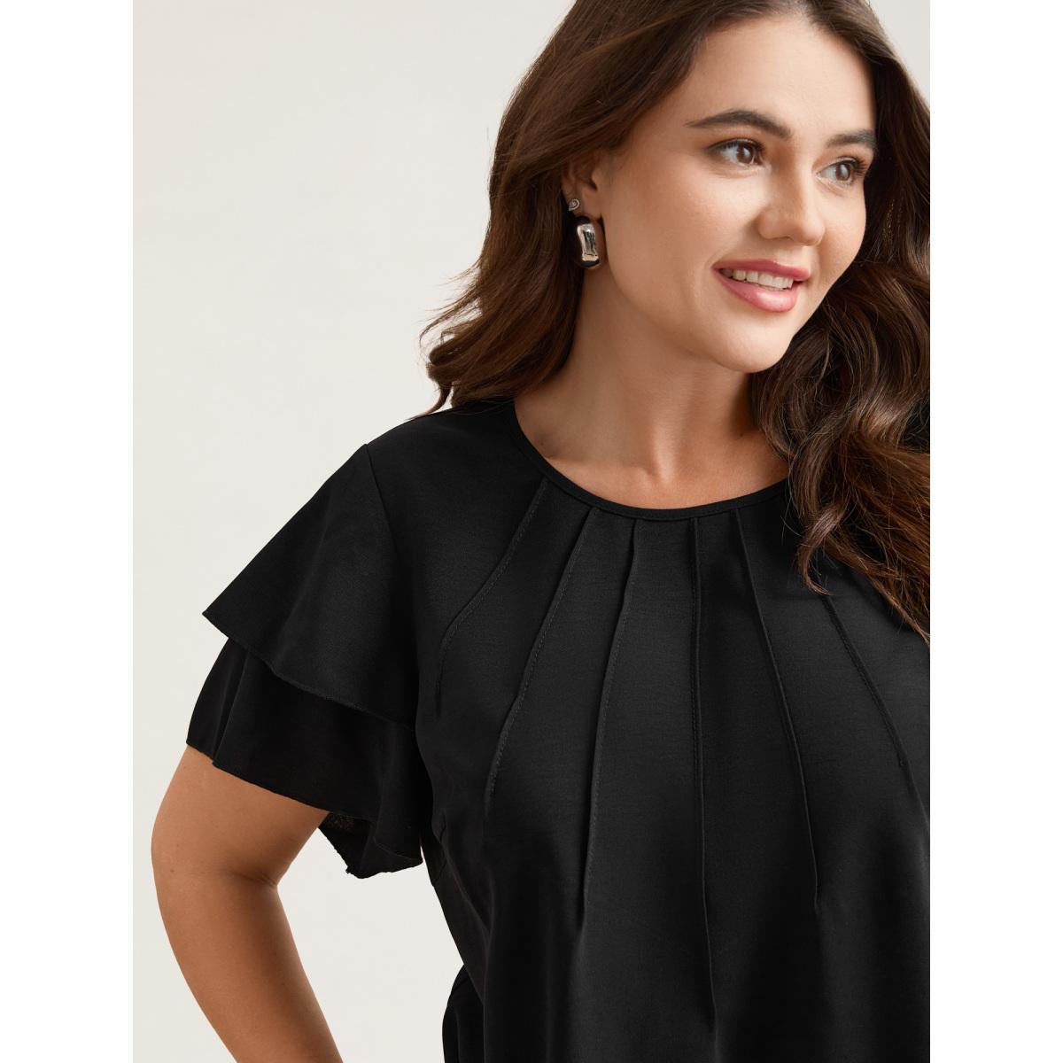 Plus Size Black Toothpick Pleat Layered Flutter Sleeve Blouse Women Office Short sleeve Round Neck Office Blouses BloomChic 22-24/3X Product Image