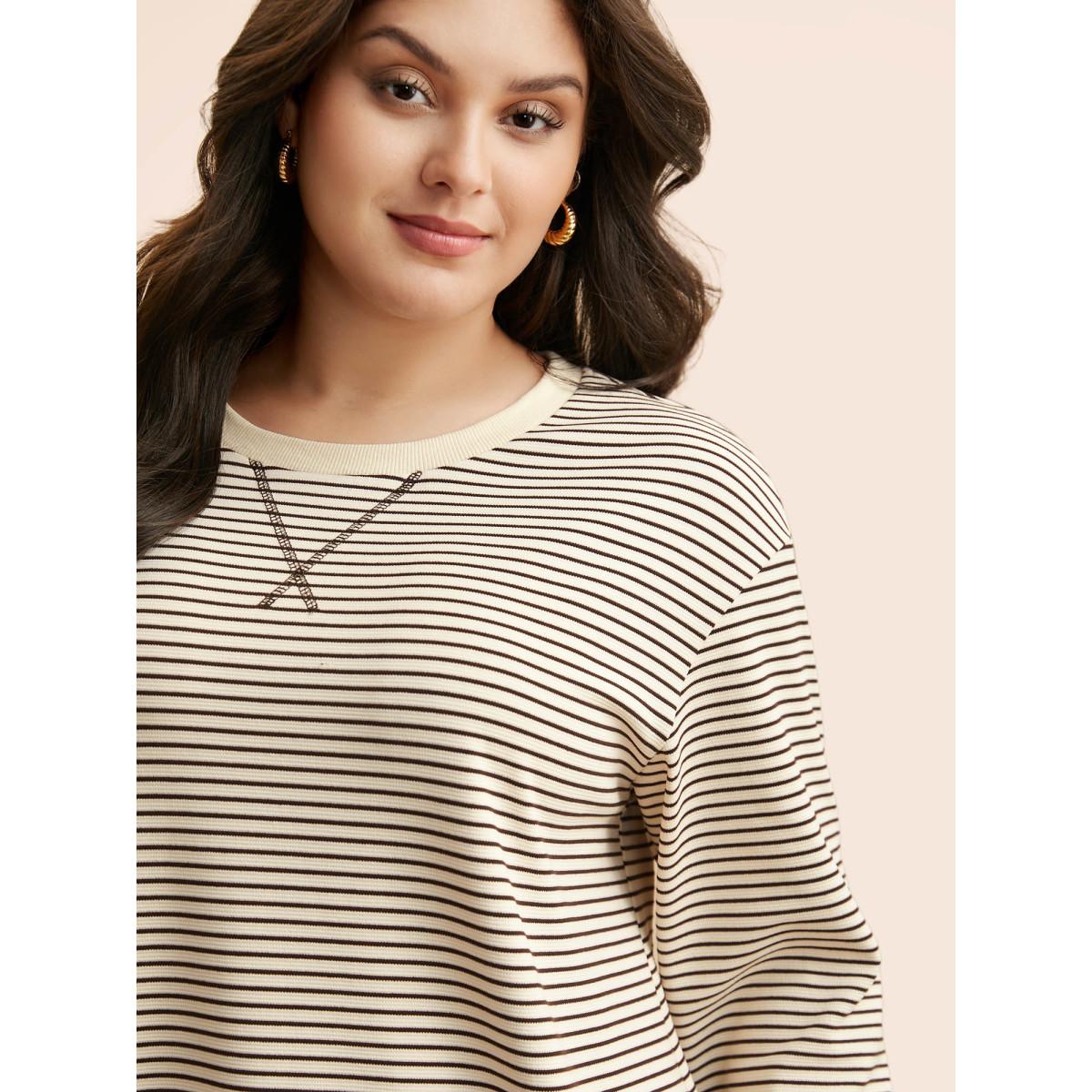 Plus Size Round Neck Striped Stitch Sweatshirt Women DarkBrown Casual Texture Round Neck Everyday Sweatshirts BloomChic 10/M Product Image