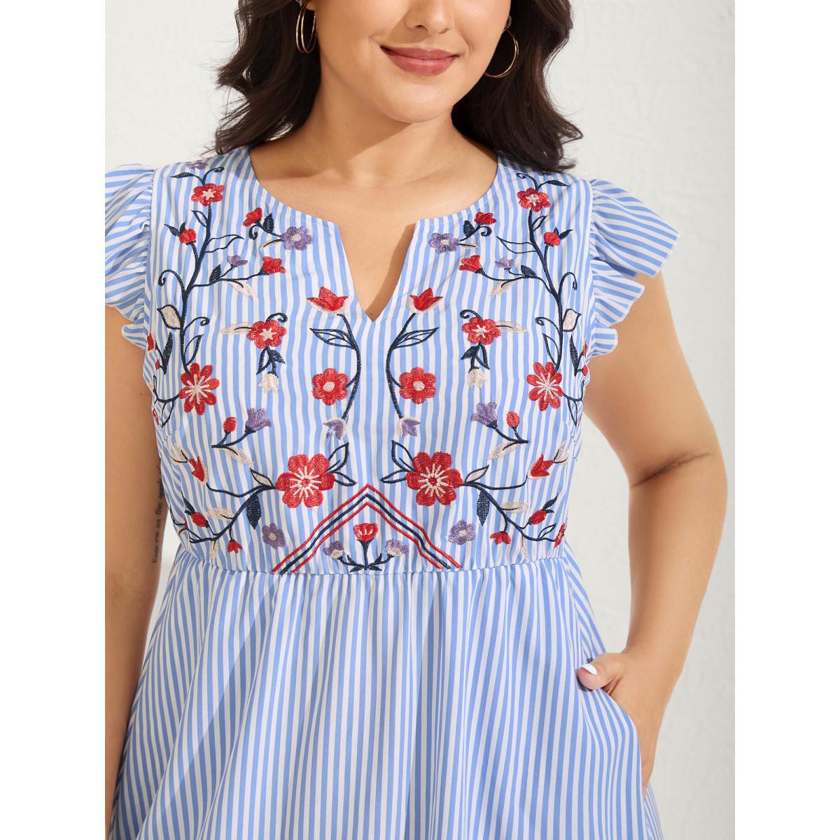 Plus Size Floral Embroidery Stripes Flutter Midi Dress LightBlue Women Boho Round Neck Cap Sleeve Curvy BloomChic 22-24/3X Product Image