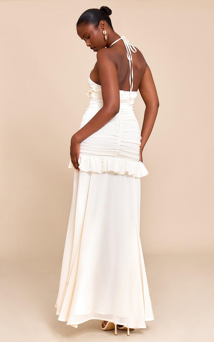 Cream Ruched Frill Halterneck Maxi Dress Product Image