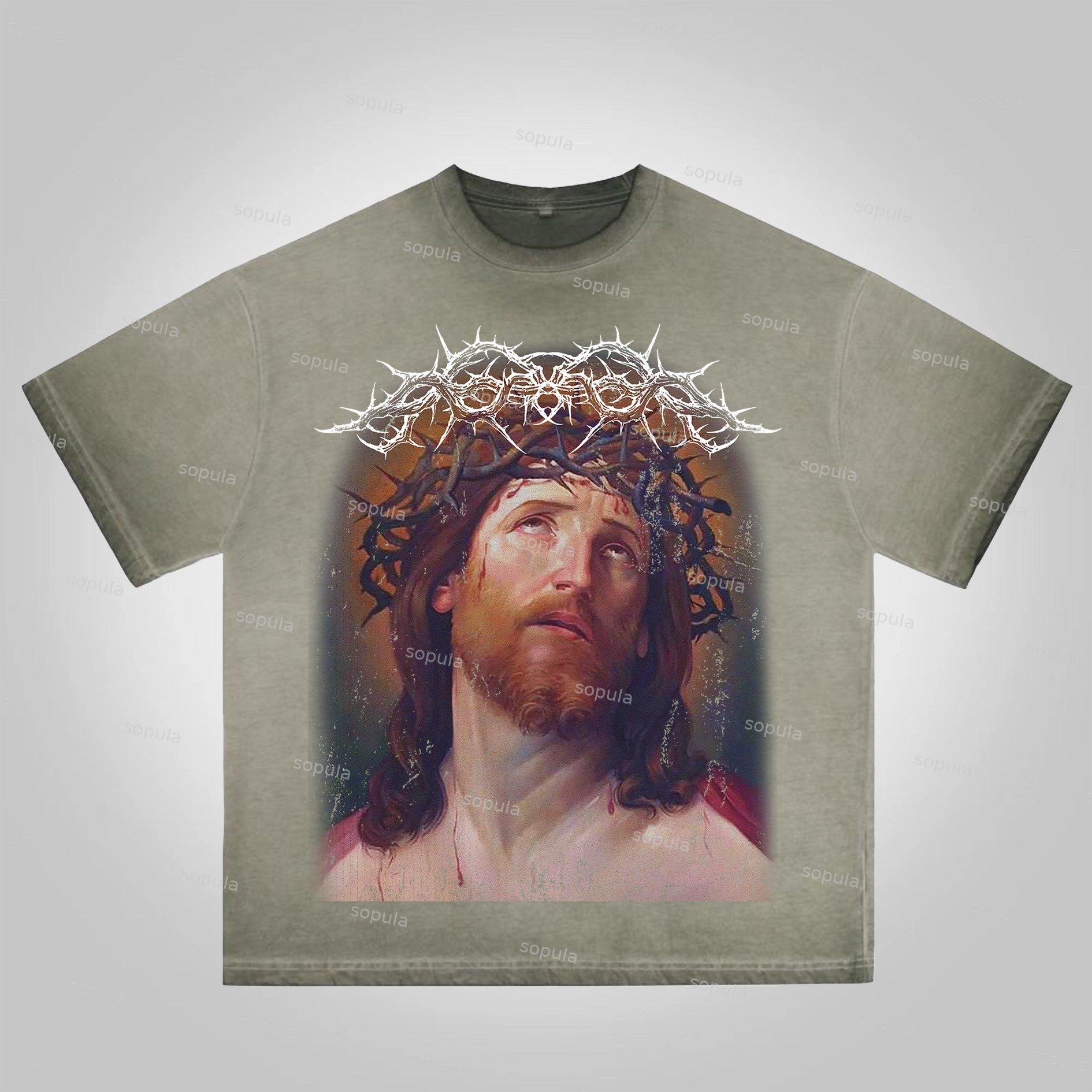 Sopula Vintage Jesus Portrait Graphic Bible Print Washed Cotton T-Shirt Product Image
