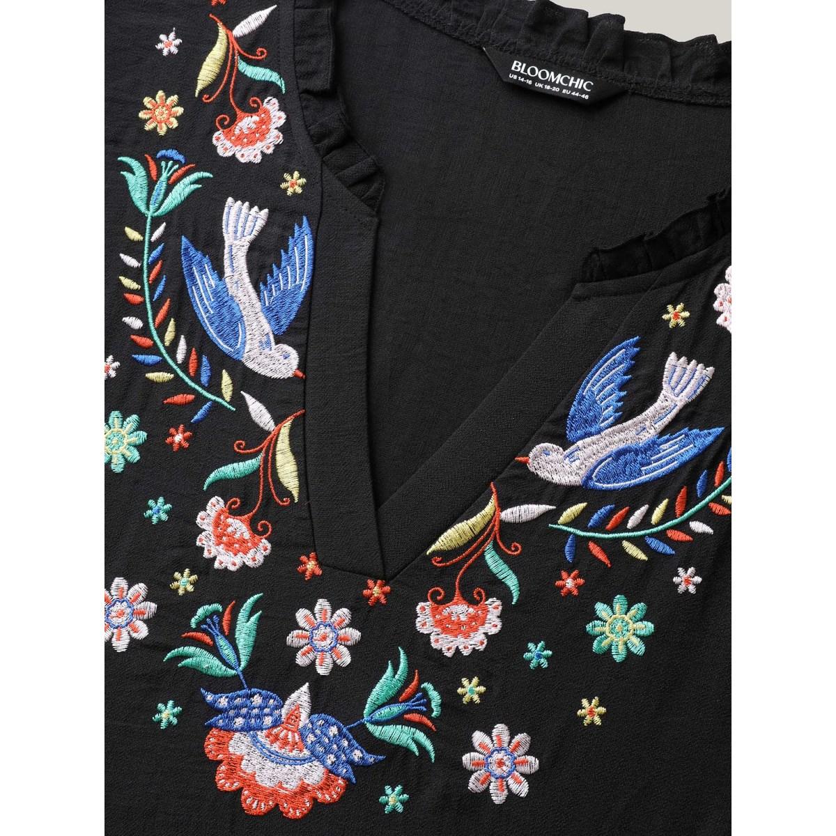 Plus Size Floral Embroidered Notched Collar Midi Dress Black Women Boho Flat collar with V-notch Cap Sleeve Curvy BloomChic 12/L Product Image