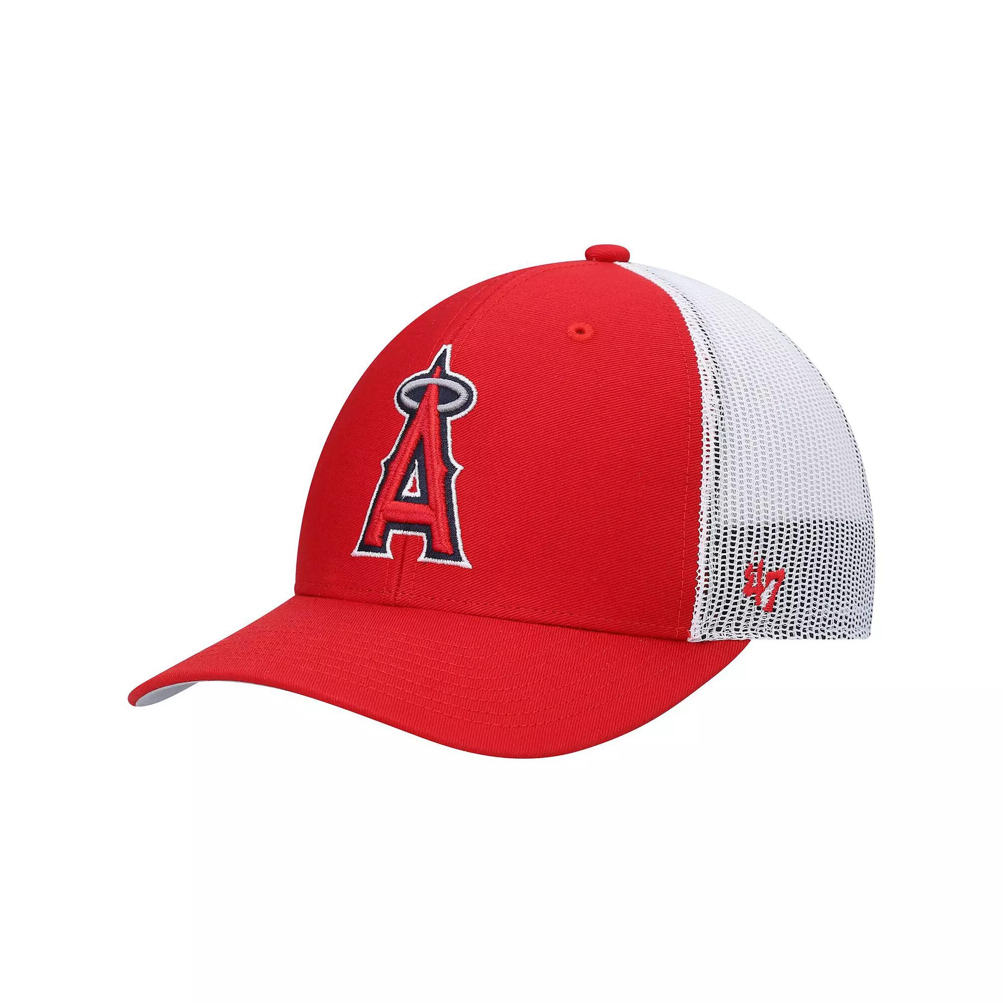 Men's '47 Red/White Los Angeles Angels Primary Logo Trucker Snapback Hat Product Image