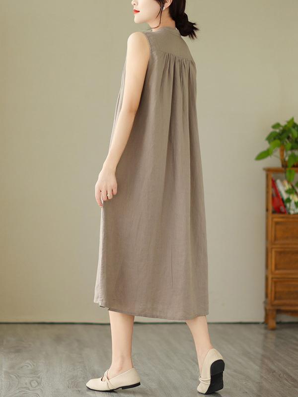 A-Line Sleeveless Buttoned Pleated Solid Color Round-Neck Midi Dresses Product Image