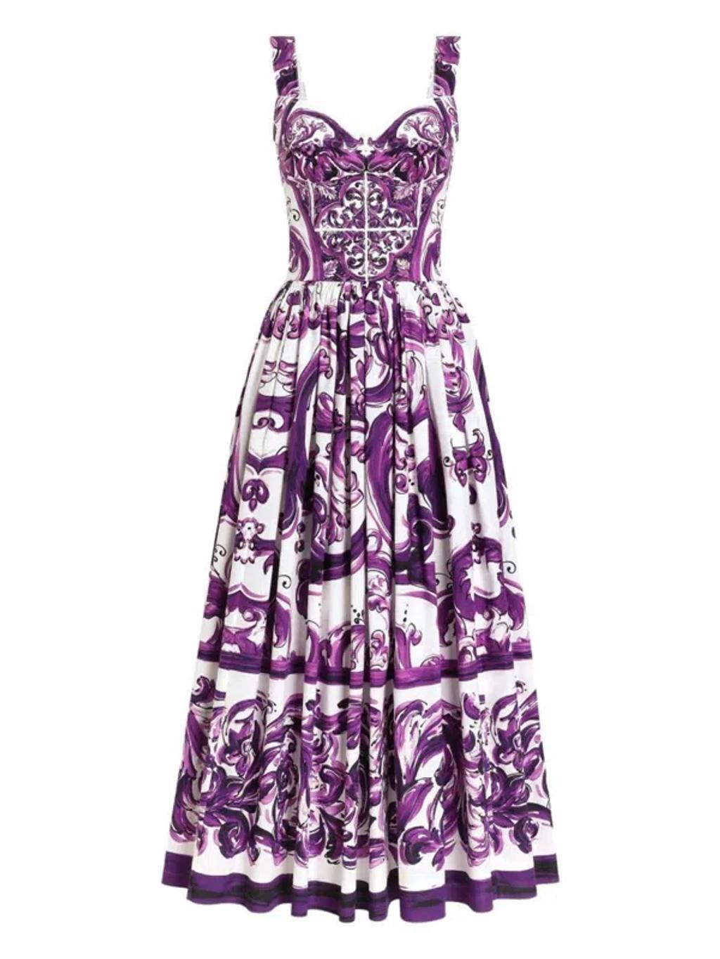 DOLCE & GABBANA Long Poplin Dress With Majolica Print In Purple Product Image