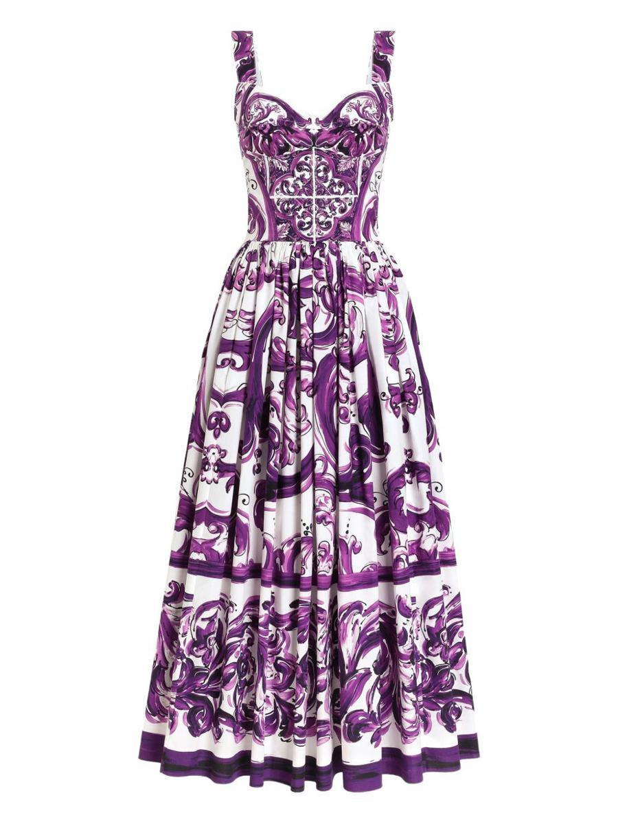 DOLCE & GABBANA Long Poplin Dress With Majolica Print In Purple Product Image
