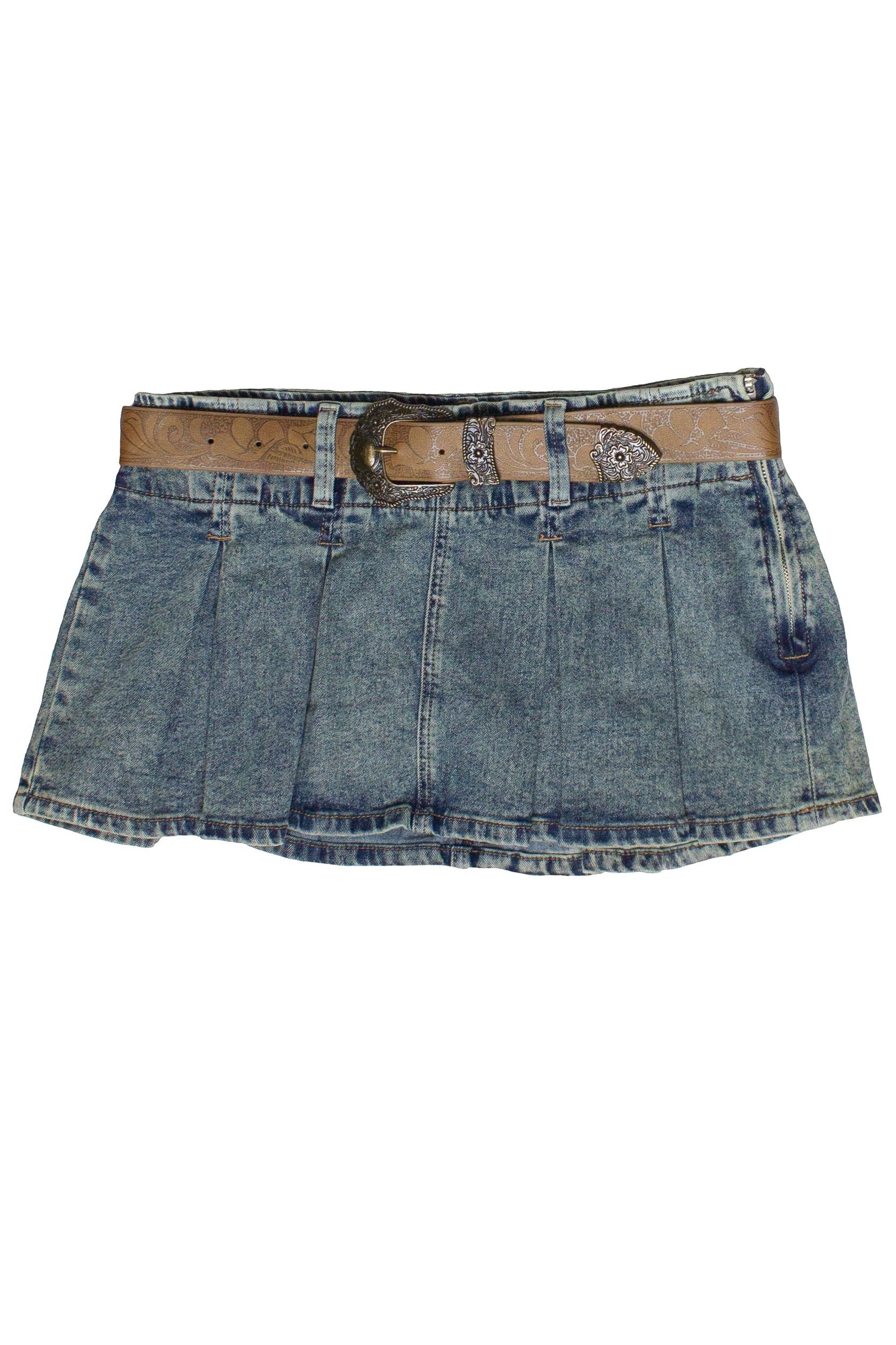 Western Belt Denim Pleated Mini Skort Product Image