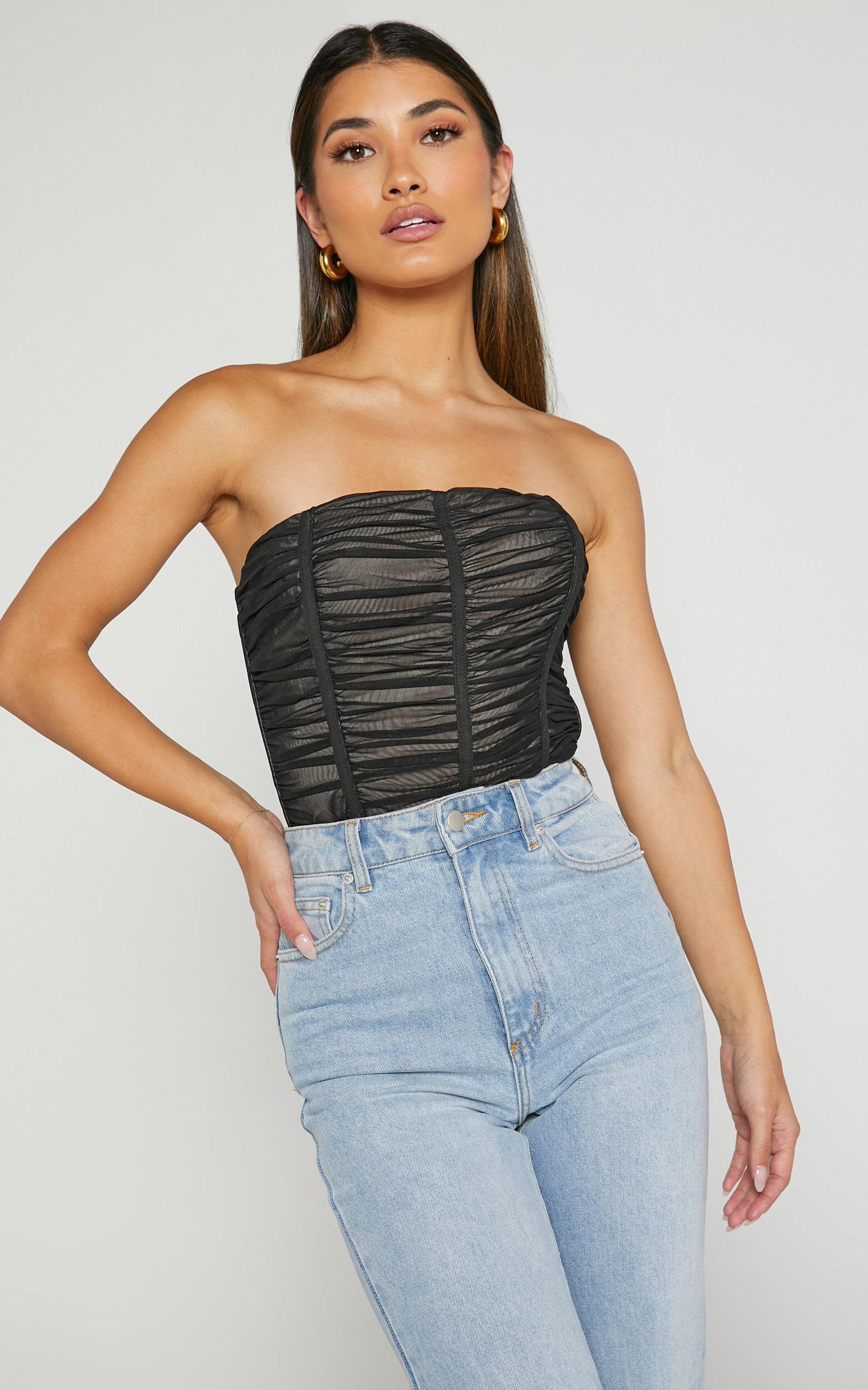 Isabella Bodysuit - Ruched Strapless Mesh Corset in Black Product Image