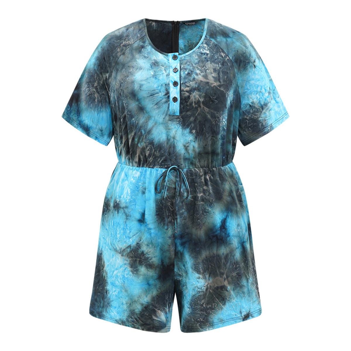 Plus Size Multicolor Tie Dye Button Up Ties Raglan Sleeve Jumpsuit Women Casual Short sleeve Round Neck Dailywear Loose Jumpsuits BloomChic 18-20/2X Product Image