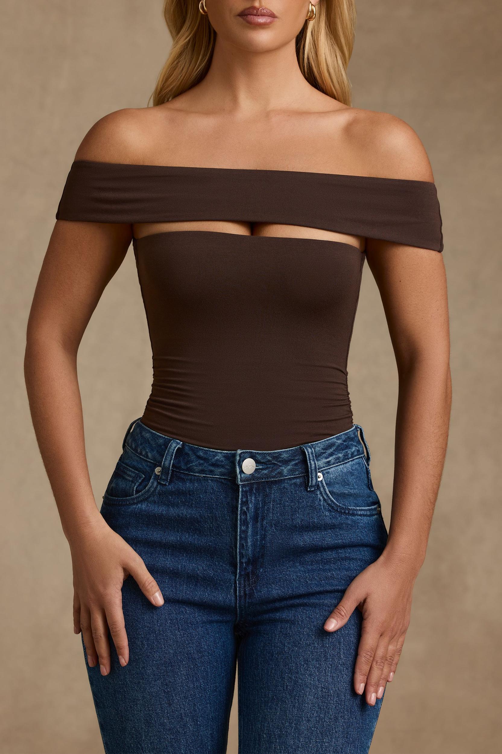 Modal Cut-Out Off-Shoulder Bodysuit in Chocolate Brown Female Product Image
