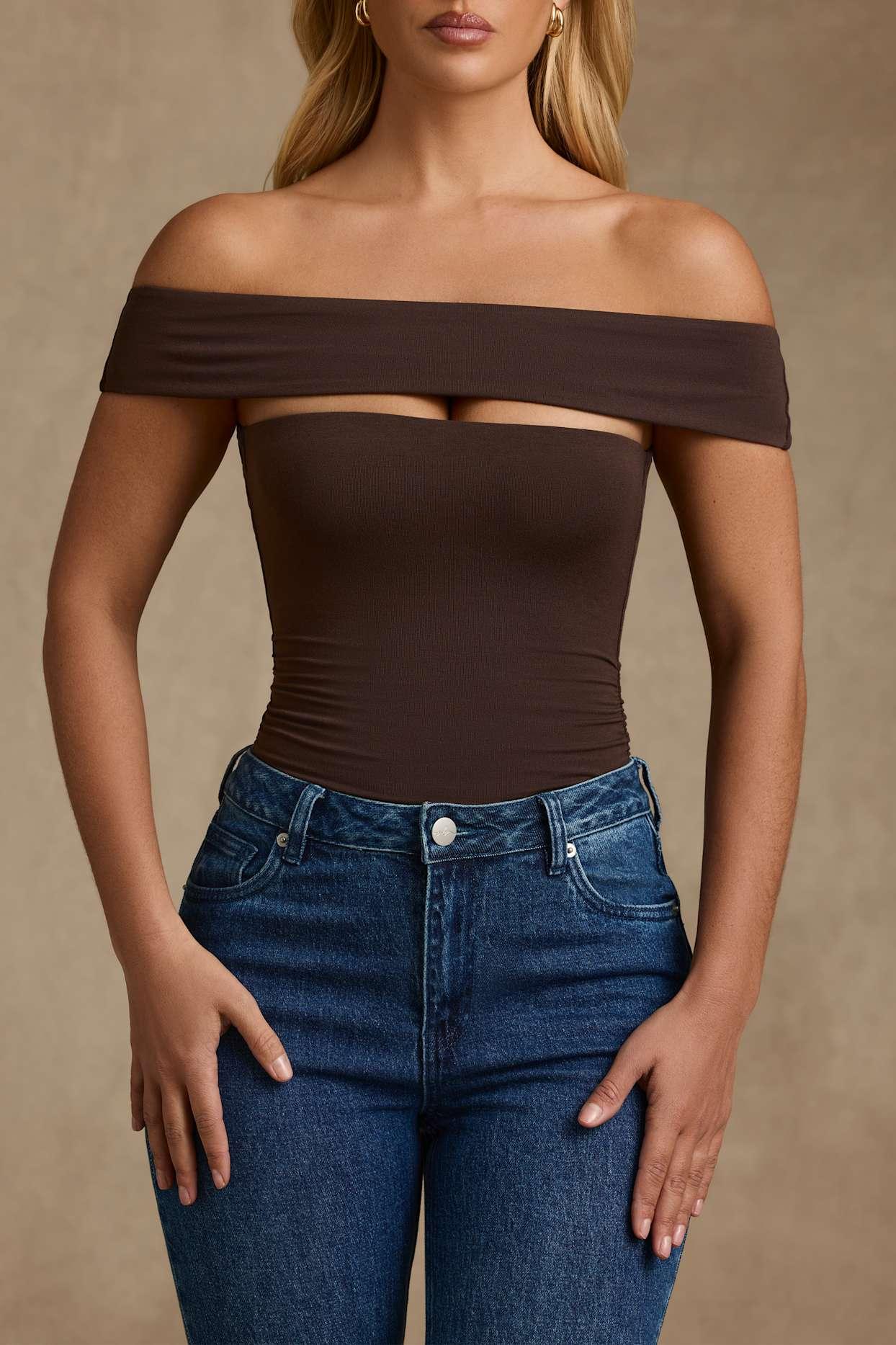 Modal Cut-Out Off-Shoulder Bodysuit in Chocolate Brown Female Product Image
