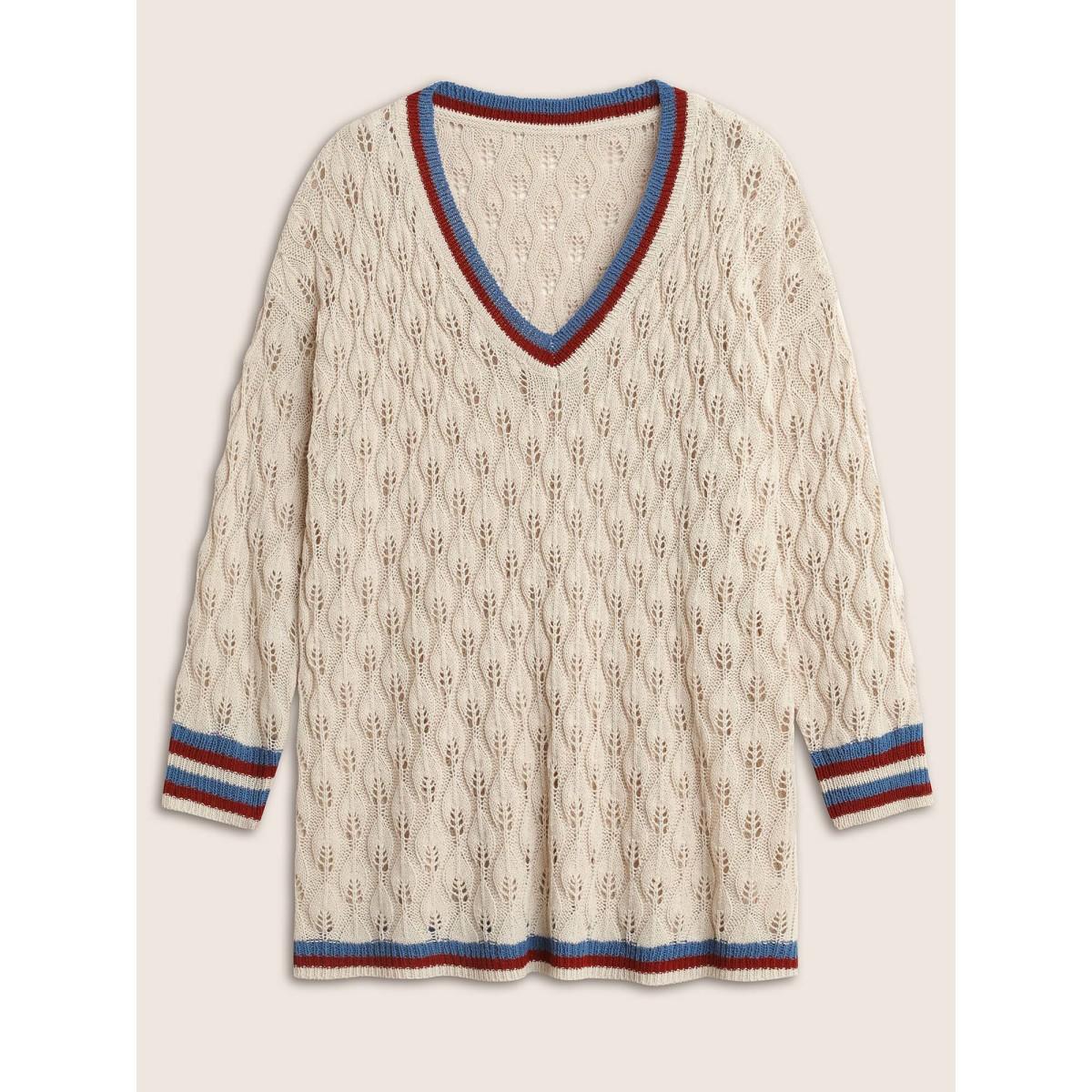 Plus Size Contrast Striped Texture Hollow Out Pullover Apricot Women Casual Long Sleeve V-neck Everyday Pullovers BloomChic 22-24/3X Product Image