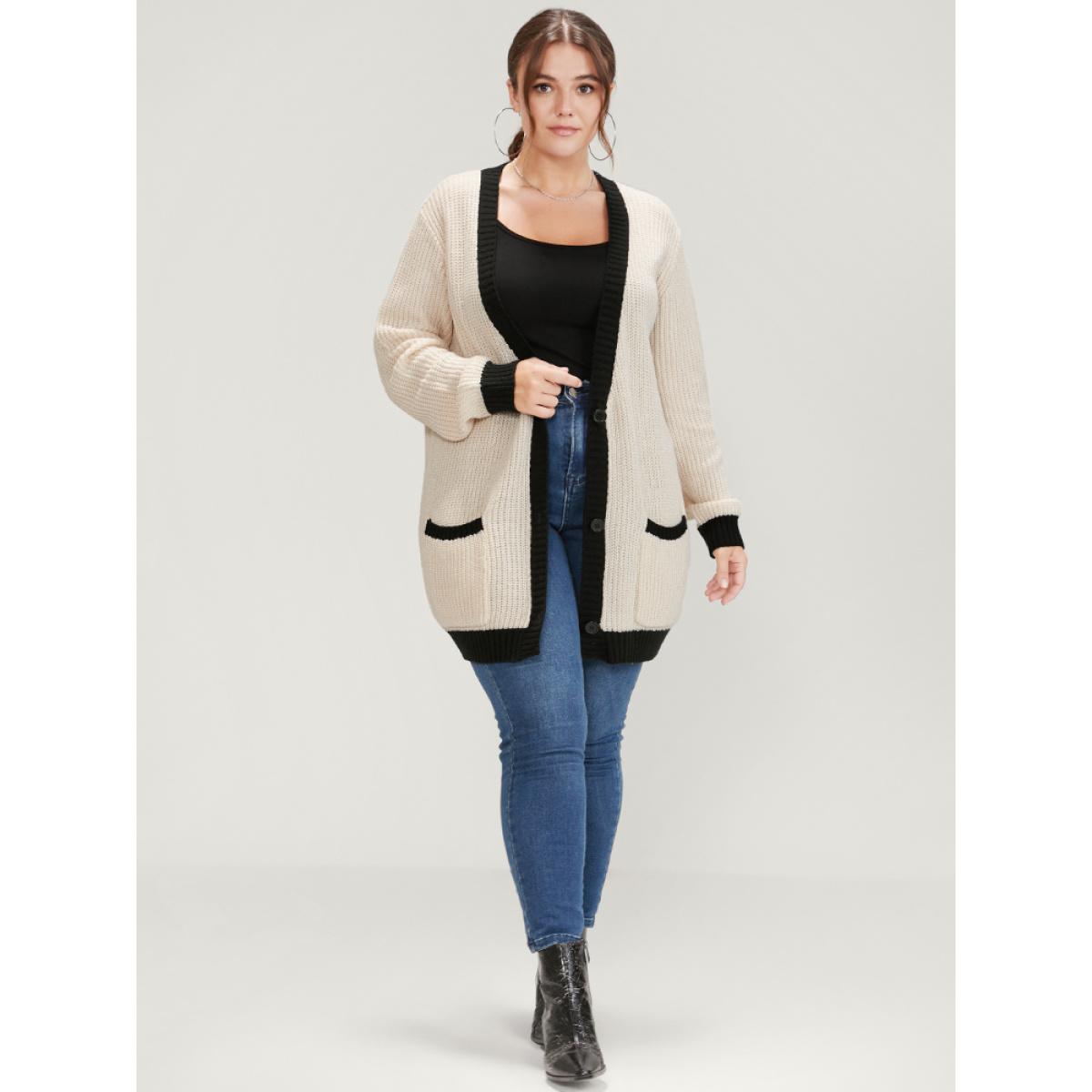 Plus Size Contrast Trim Pointelle Knit Pocket Button Front Cardigan Beige Women Elegant Loose Long Sleeve Dailywear Cardigans BloomChic 14-16/1X Product Image