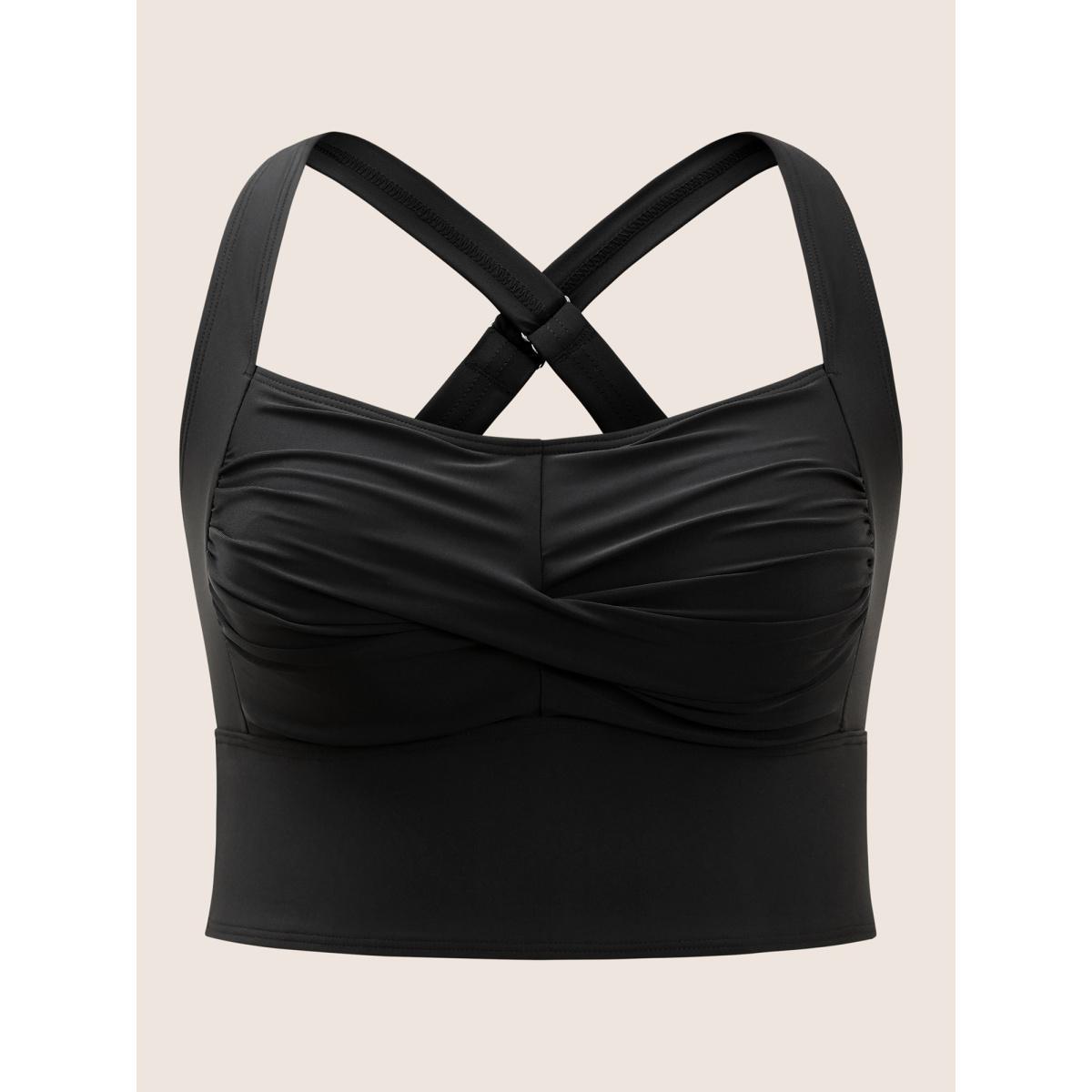 Plus Size Solid Crossover Square Neck Adjustable Straps Swim Top Women's Swimwear Black Resort Twist High stretch Skinny Square Neck Curve Swim Tops BloomChic 28/5X Product Image