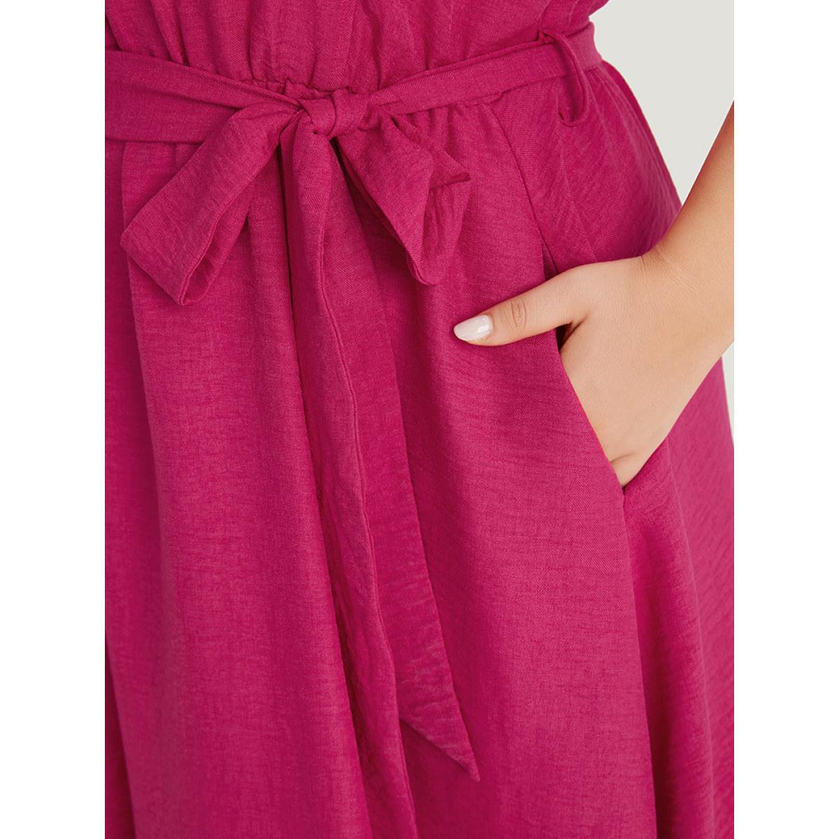 Plus Size Solid Pocket Lace Insert Pleated Flutter Sleeve Dress RedViolet Women Office Gathered Round Neck Sleeveless Curvy Knee Dress BloomChic 10/M Product Image