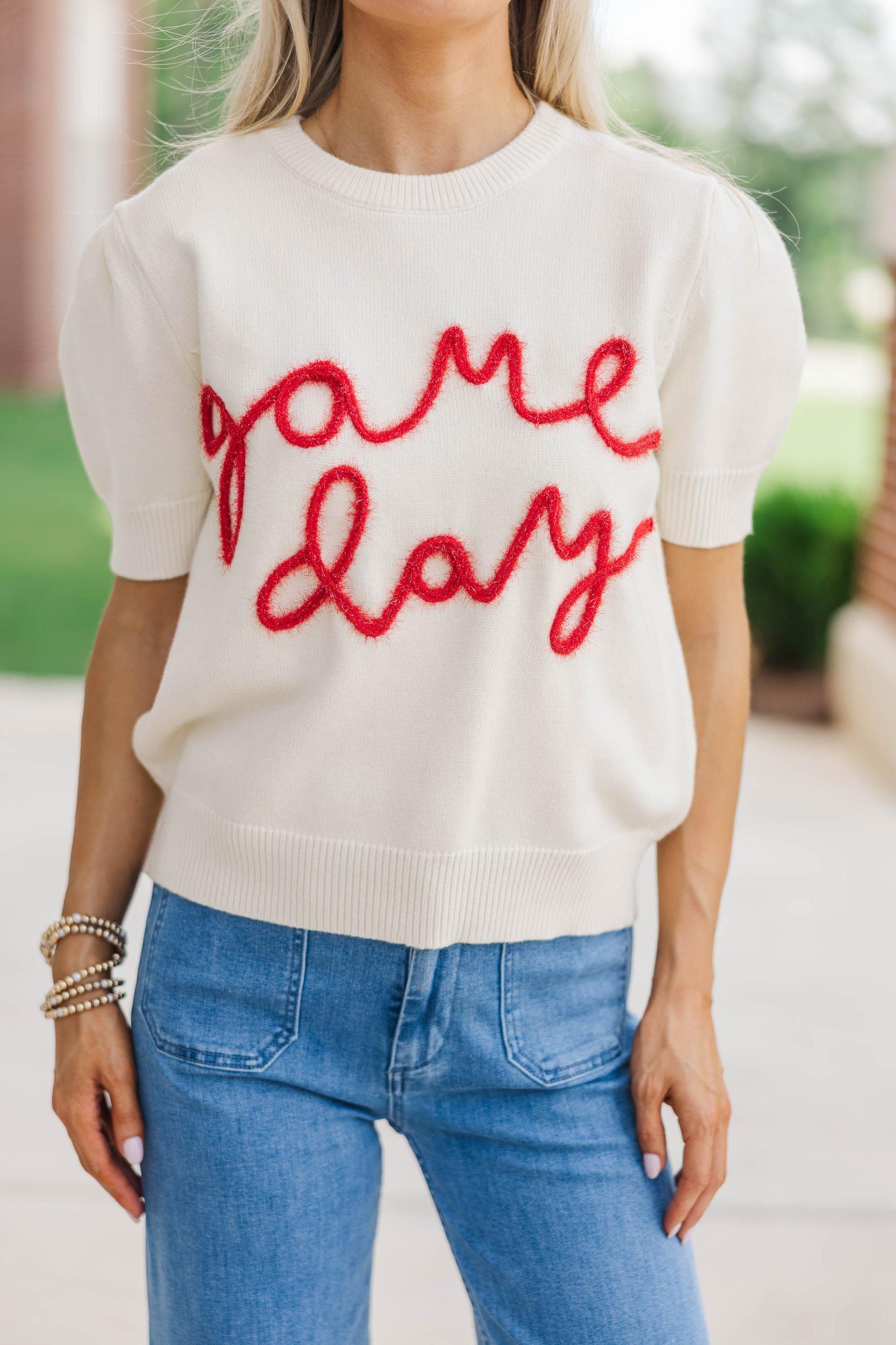 To The Stadium White and Red Game Day Puff Sleeve Sweater Female Product Image