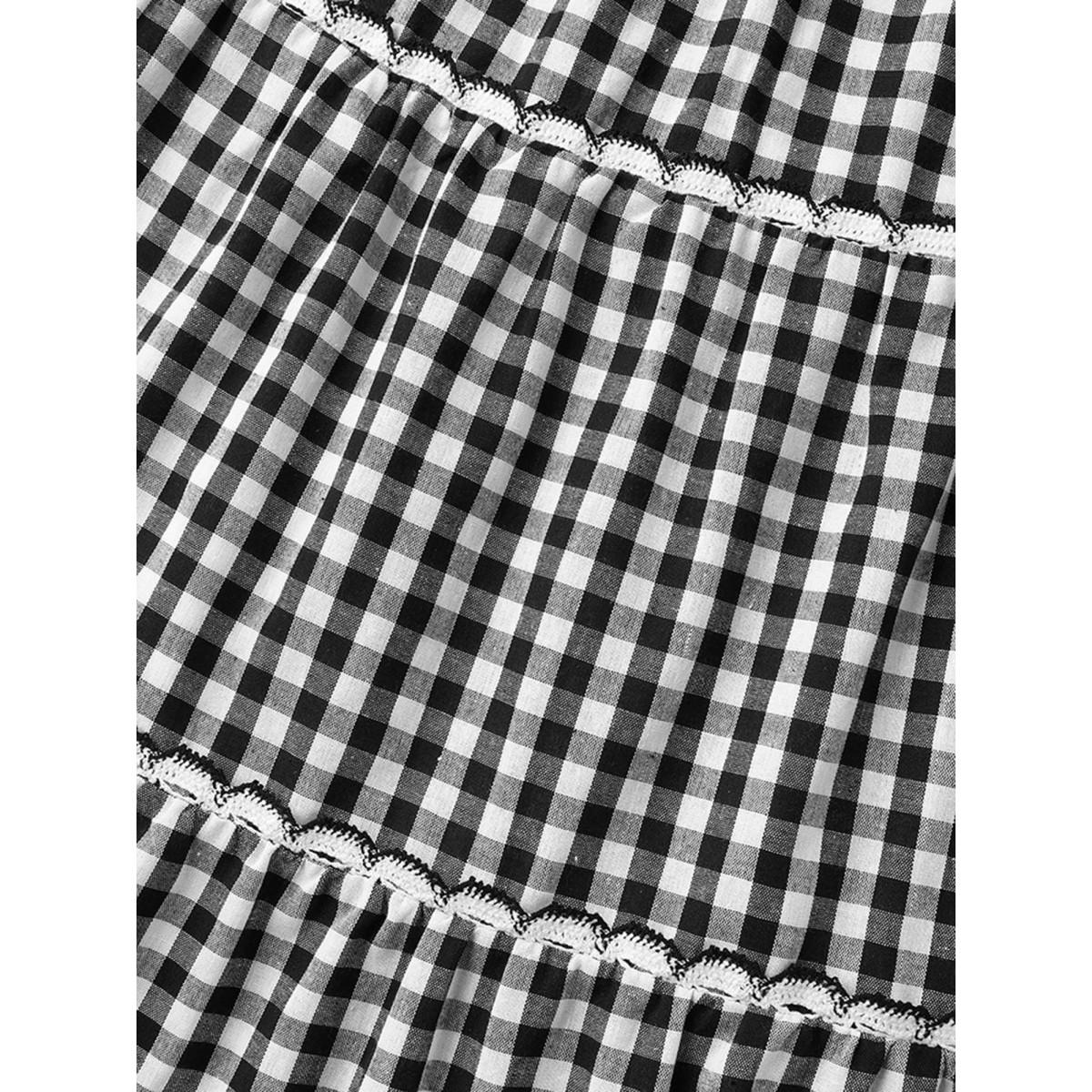 Plus Size Checkered Lace Trim Tiered Midi Dress Black Women Woven ribbon&lace trim Flat collar with V-notch Short sleeve Curvy BloomChic 18-20/2X Product Image