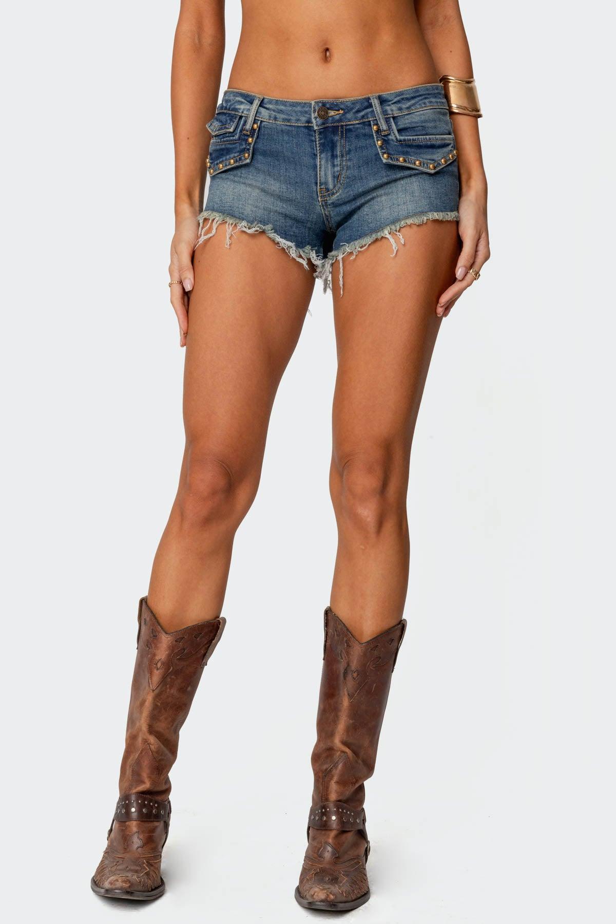 Studded Low Rise Denim Micro Shorts Product Image