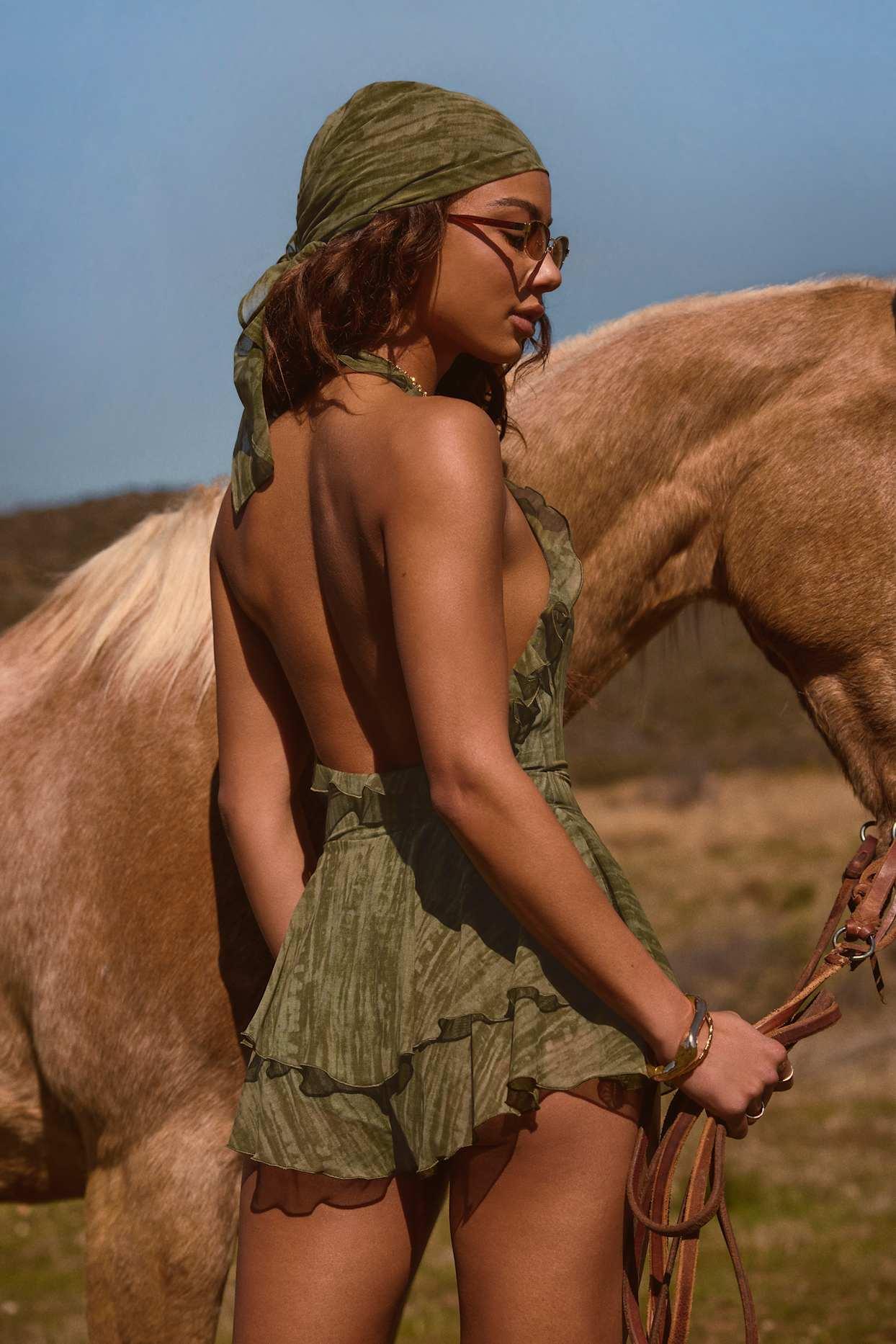 Ruffled Plunge Halterneck Playsuit in Green Print Product Image