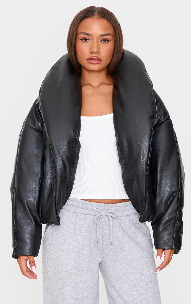 Petite Black Exaggerated Collar PU Puffer Coat Product Image