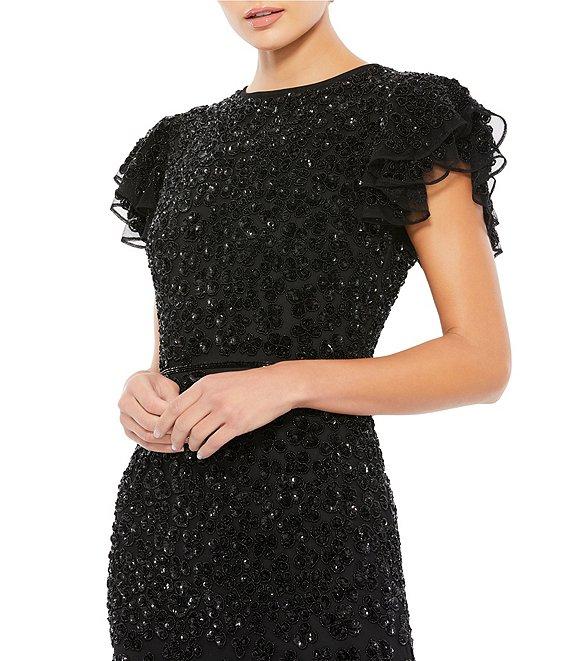 Mac Duggal Beaded Short Flutter Sleeve Crew Neck Sheath Gown Product Image