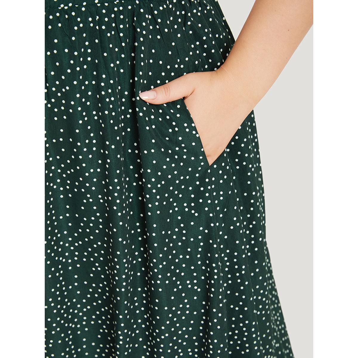 Plus Size Polka Dot Pocket Flutter Trim Overall Dress Green Women Casual Elastic Waist Spaghetti Strap Sleeveless Curvy Midi Dress BloomChic 10/M Product Image