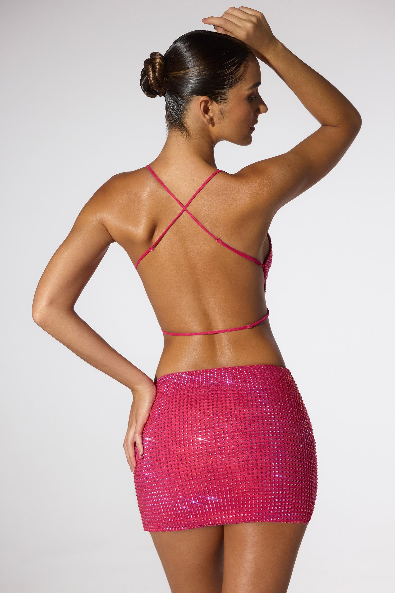 Embellished Cowl Neck Open Back Crop Top in Hot Pink Product Image