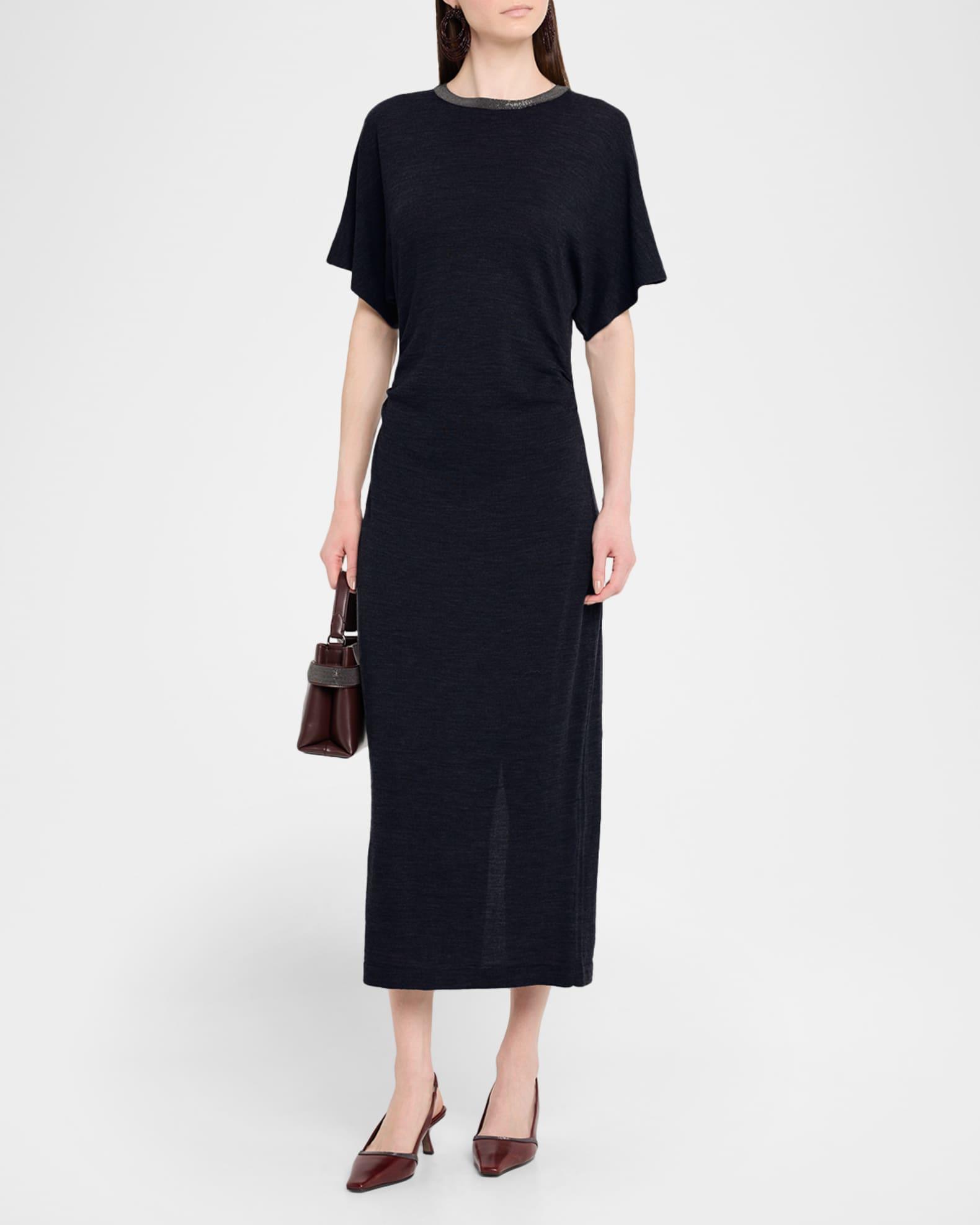 Monili-Neck Short-Sleeve Gathered Wool Jersey Midi T-Shirt Dress Product Image